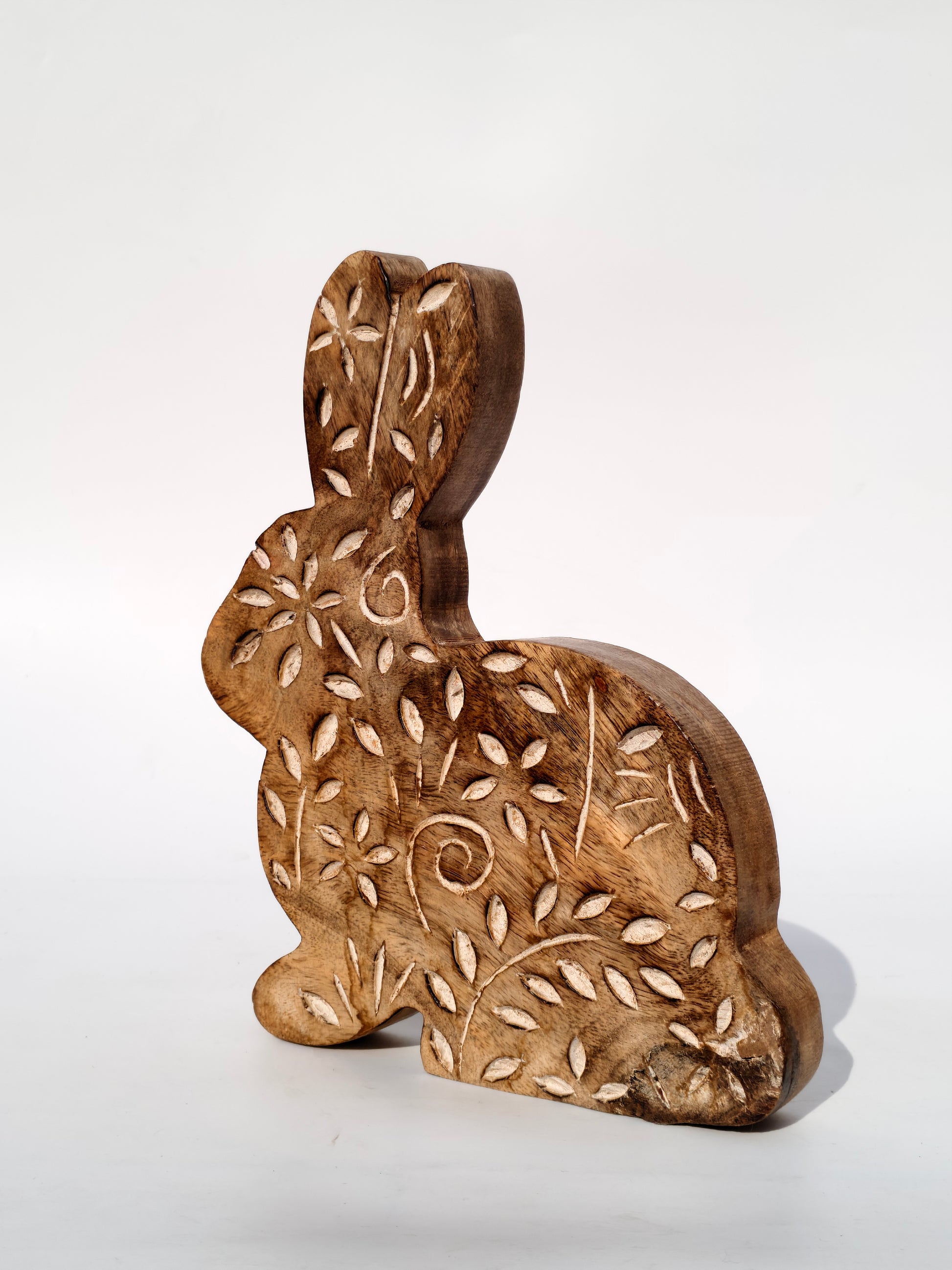 Handcrafted Wooden Bunny with Leaf Carvings