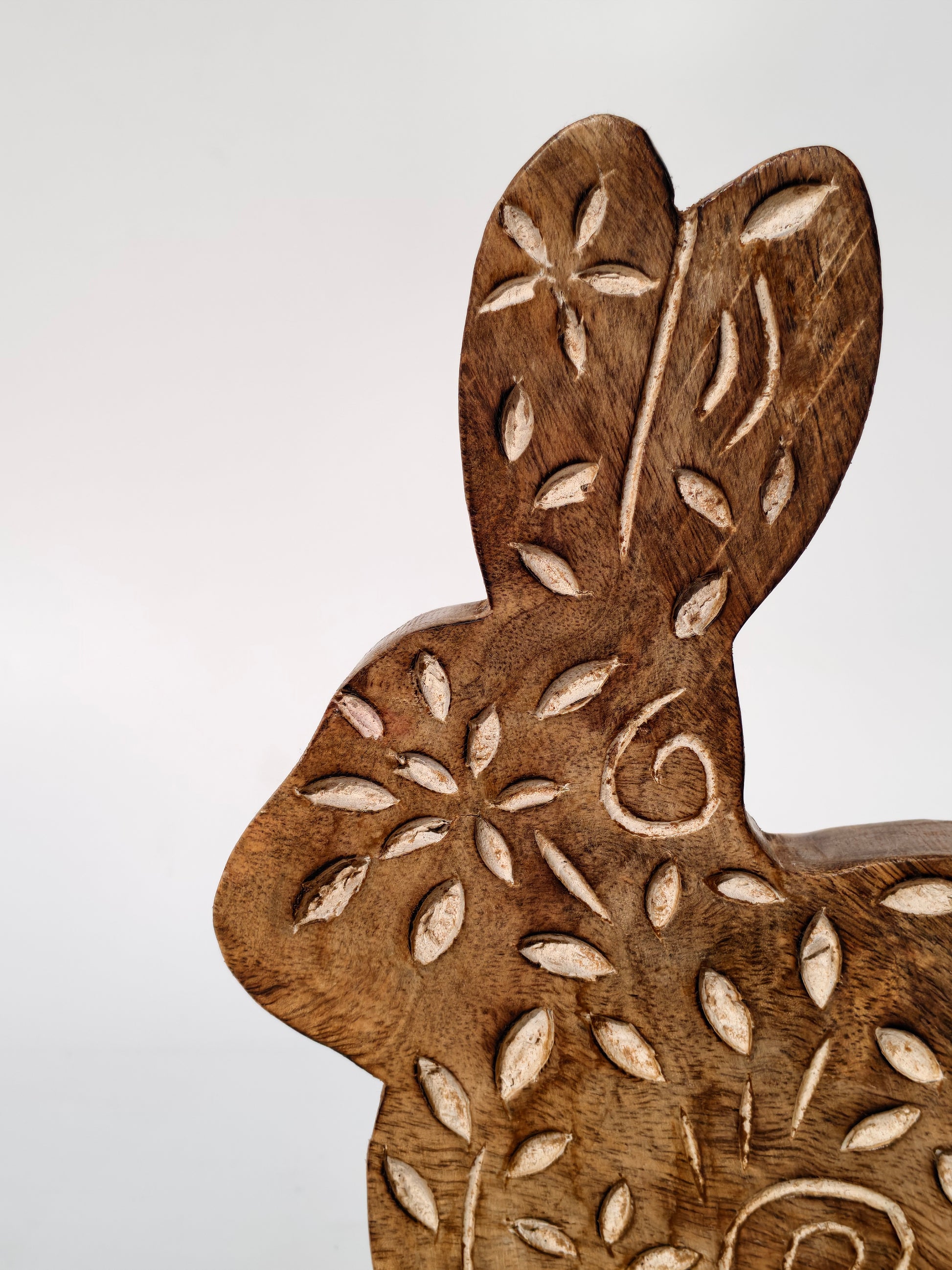 Handcrafted Wooden Bunny with Leaf Carvings