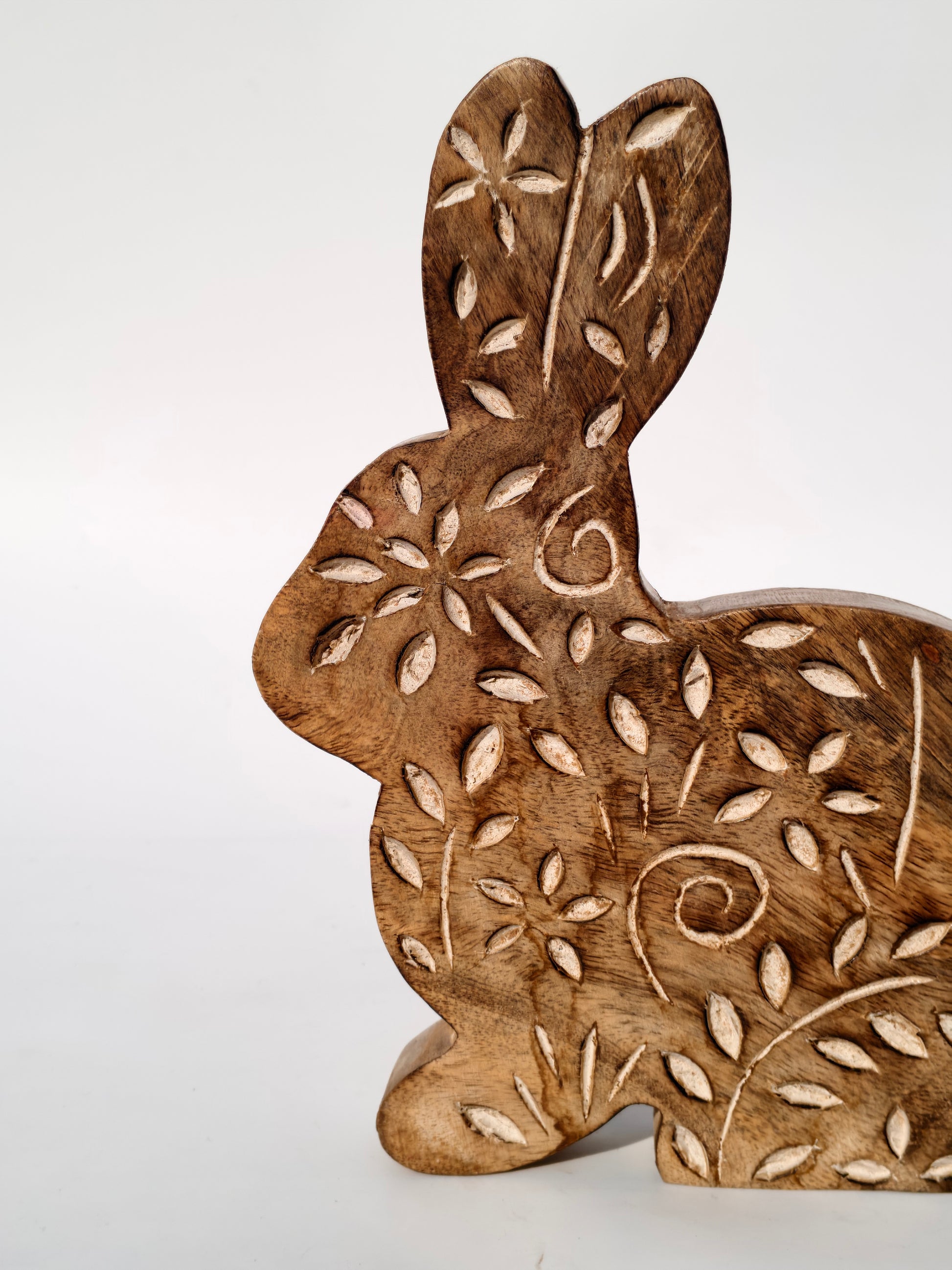 Handcrafted Wooden Bunny with Leaf Carvings