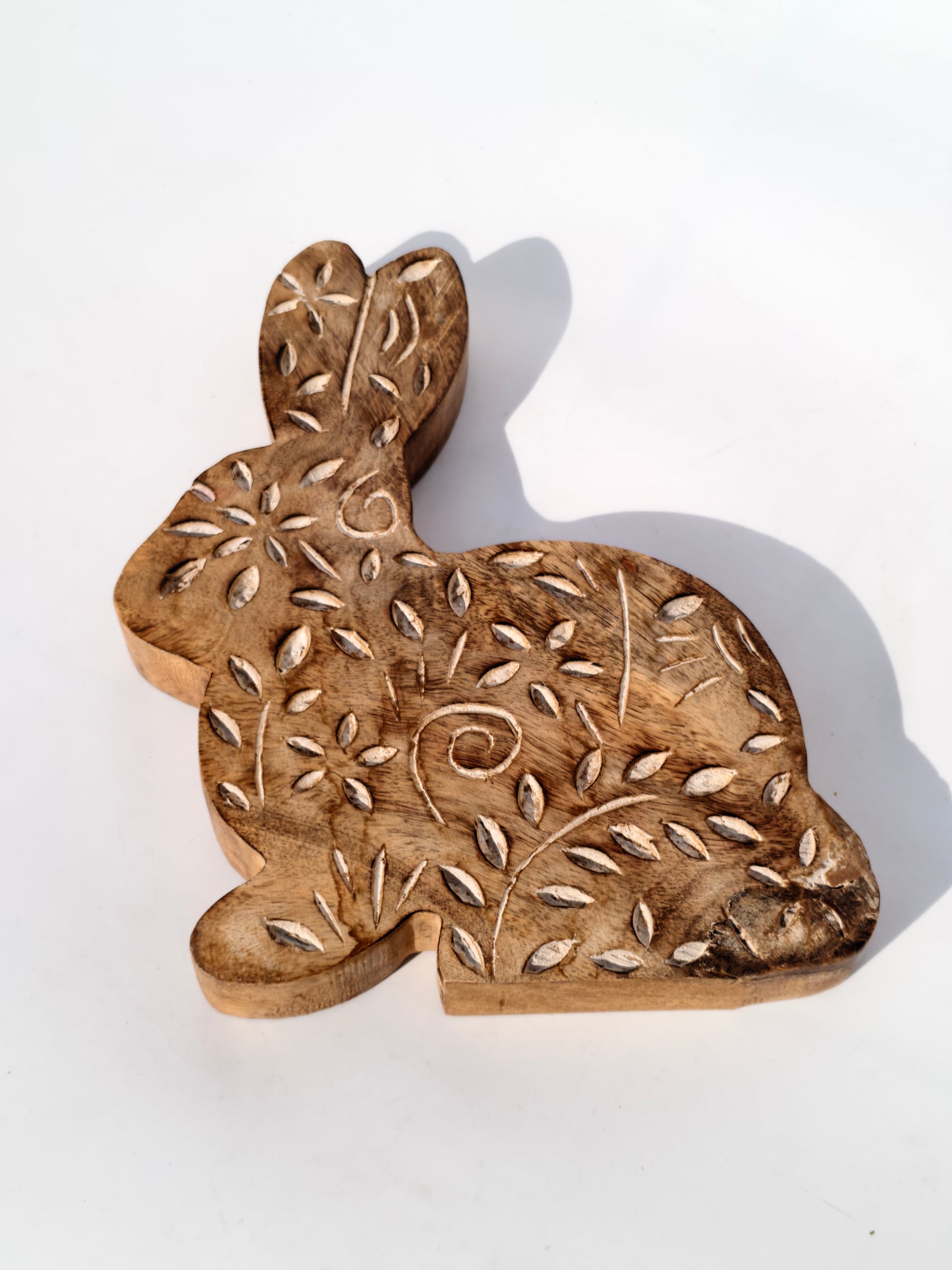 Handcrafted Wooden Bunny with Leaf Carvings