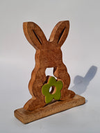 Wooden Bunny with Green Floral Accent