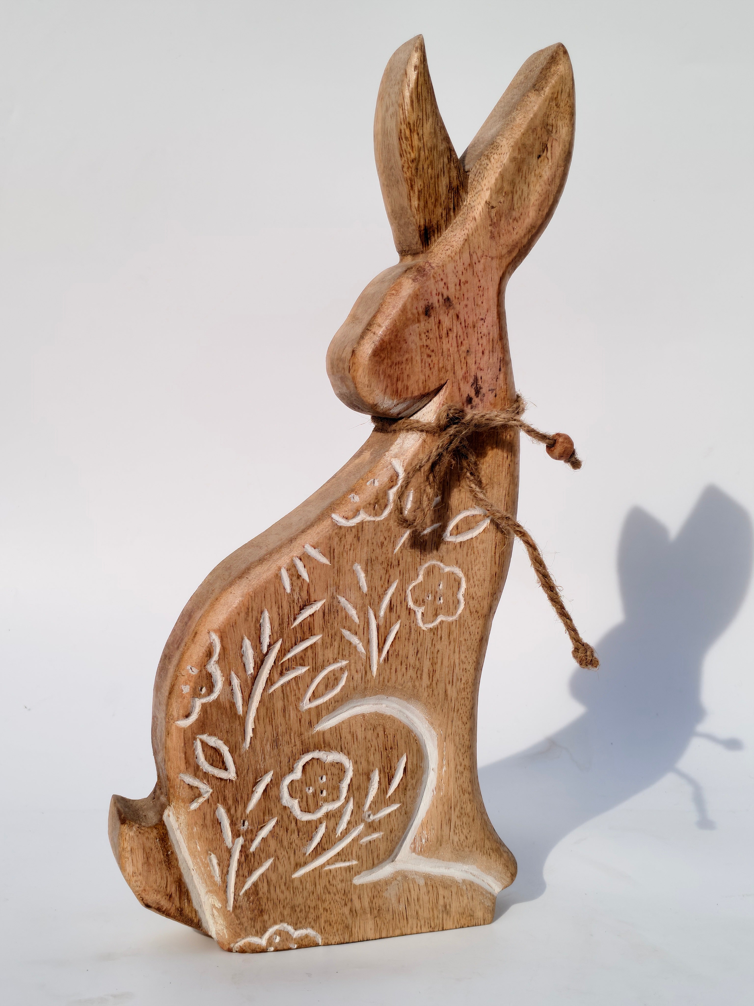Wooden Bunny Figurine with Floral Carving