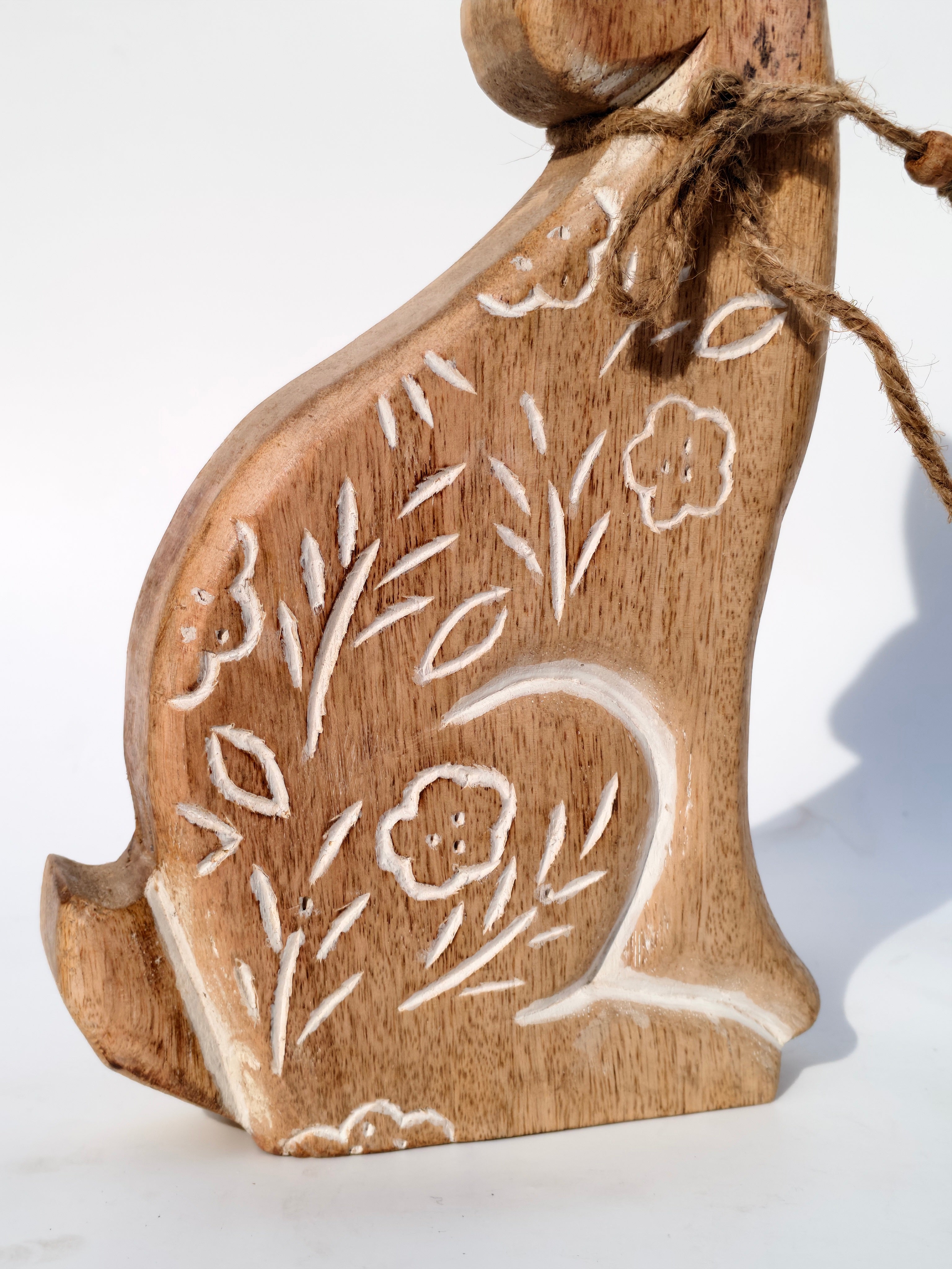 Wooden Bunny Figurine with Floral Carving