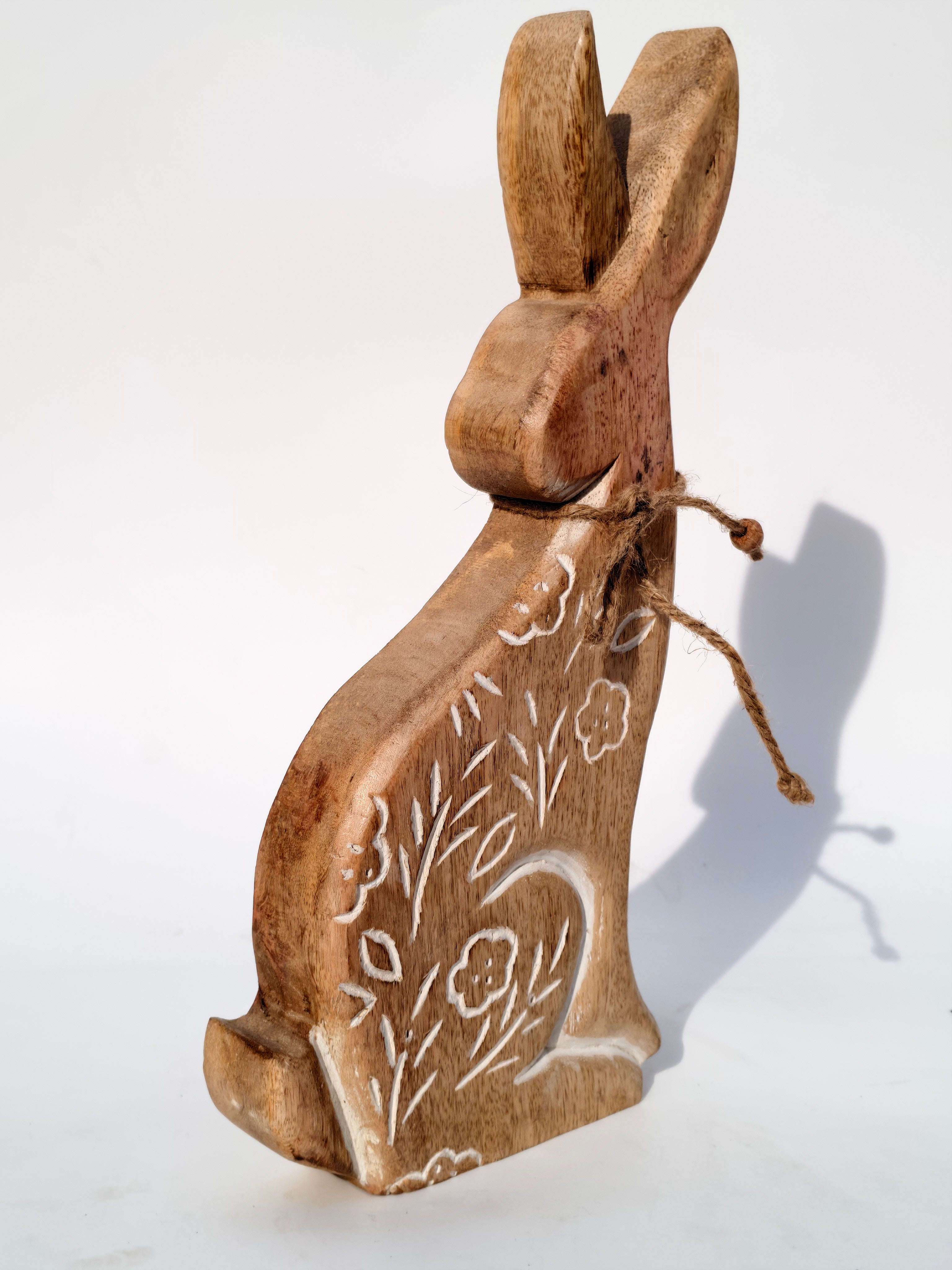 Wooden Bunny Figurine with Floral Carving