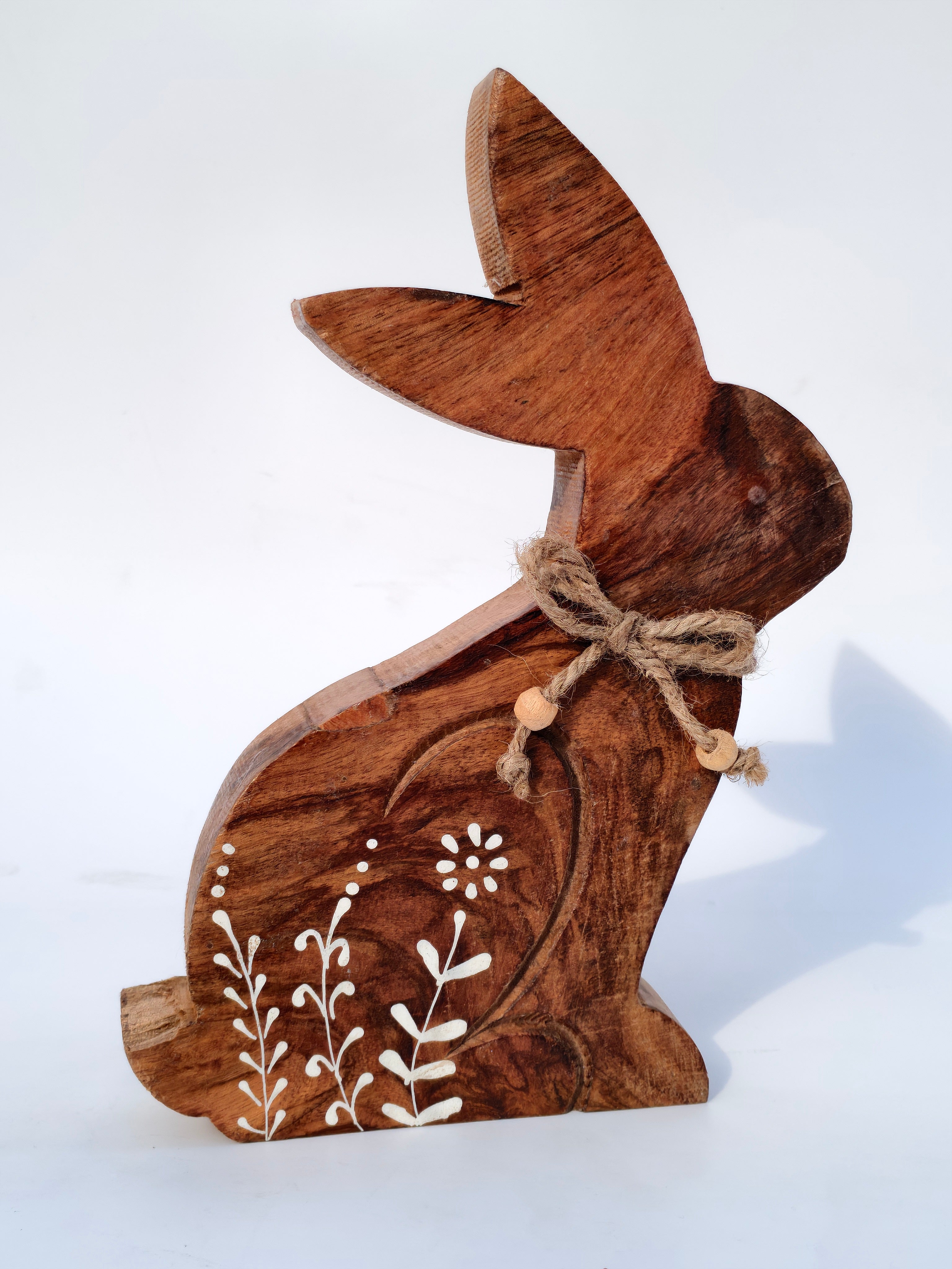 Wooden Bunny Décor with Floral Design & Jute Bow