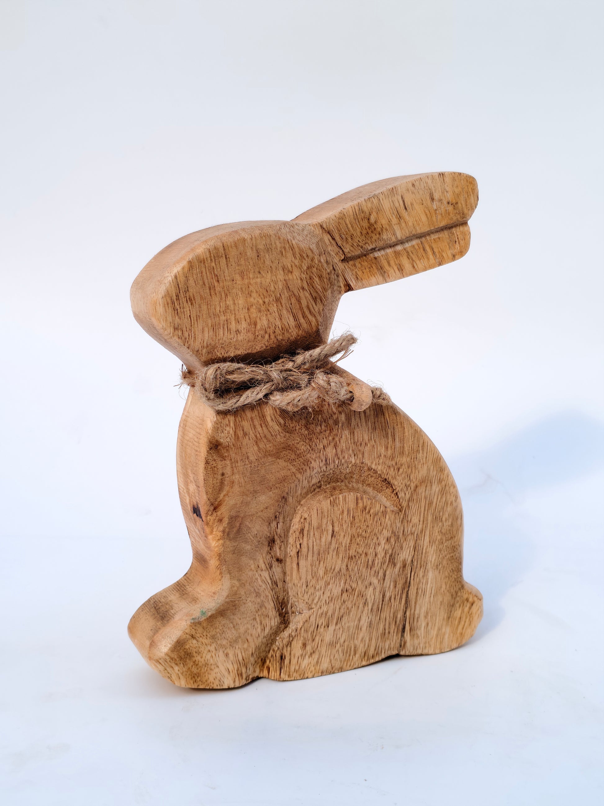 Rustic Wooden Bunny Figurine with Jute Bow – Handcrafted Home Décor