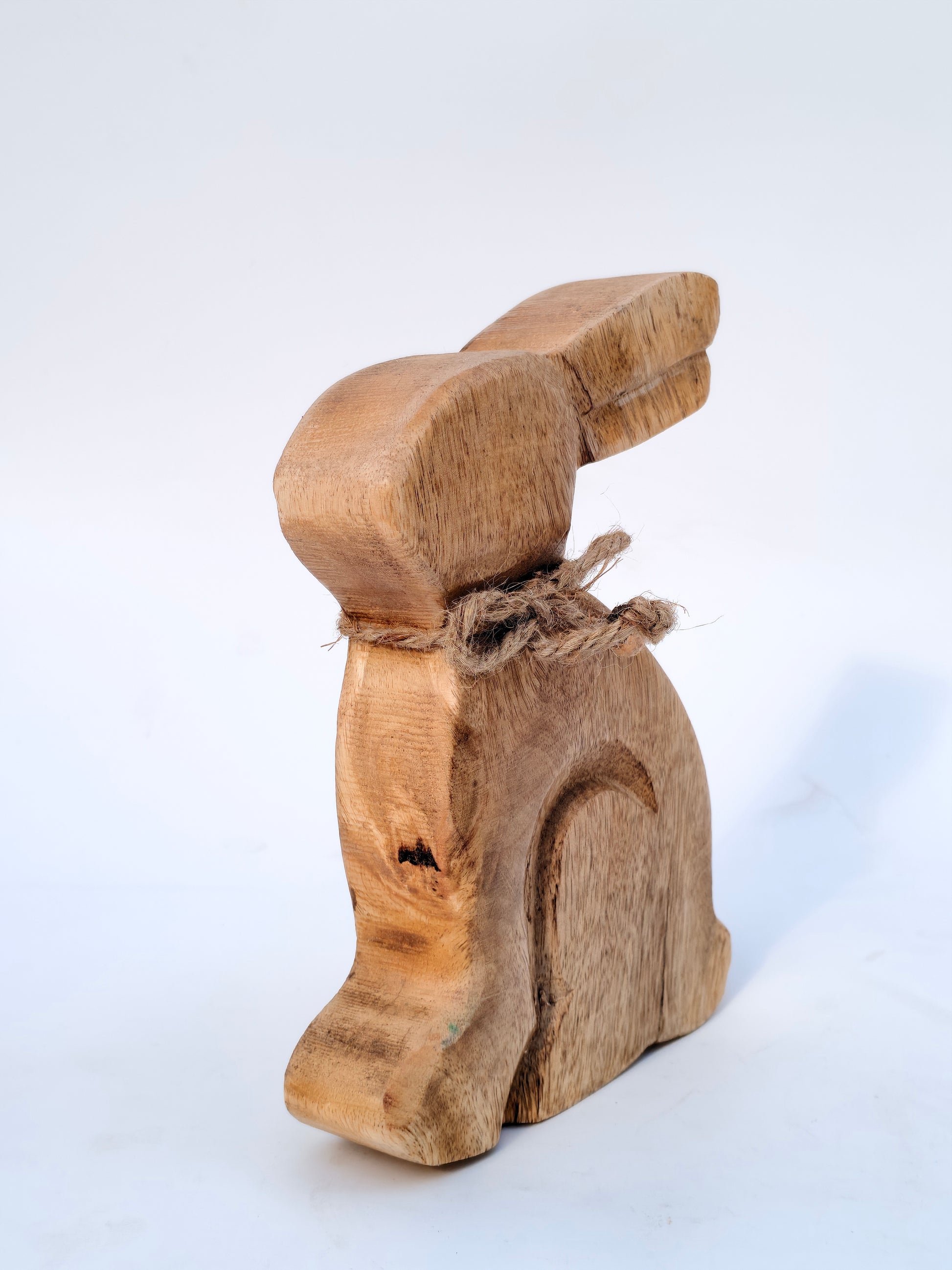 Rustic Wooden Bunny Figurine with Jute Bow – Handcrafted Home Décor