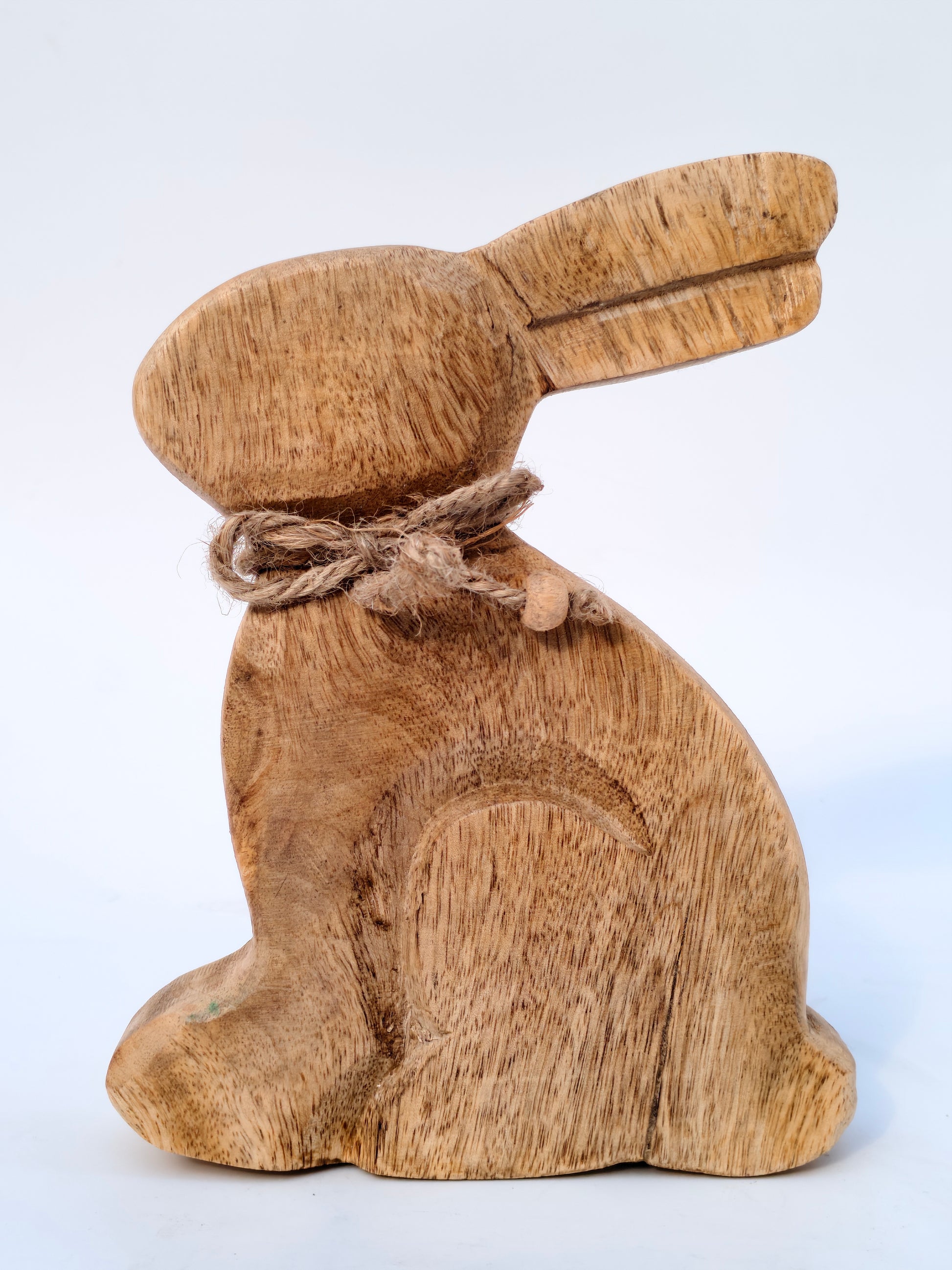 Rustic Wooden Bunny Figurine with Jute Bow – Handcrafted Home Décor