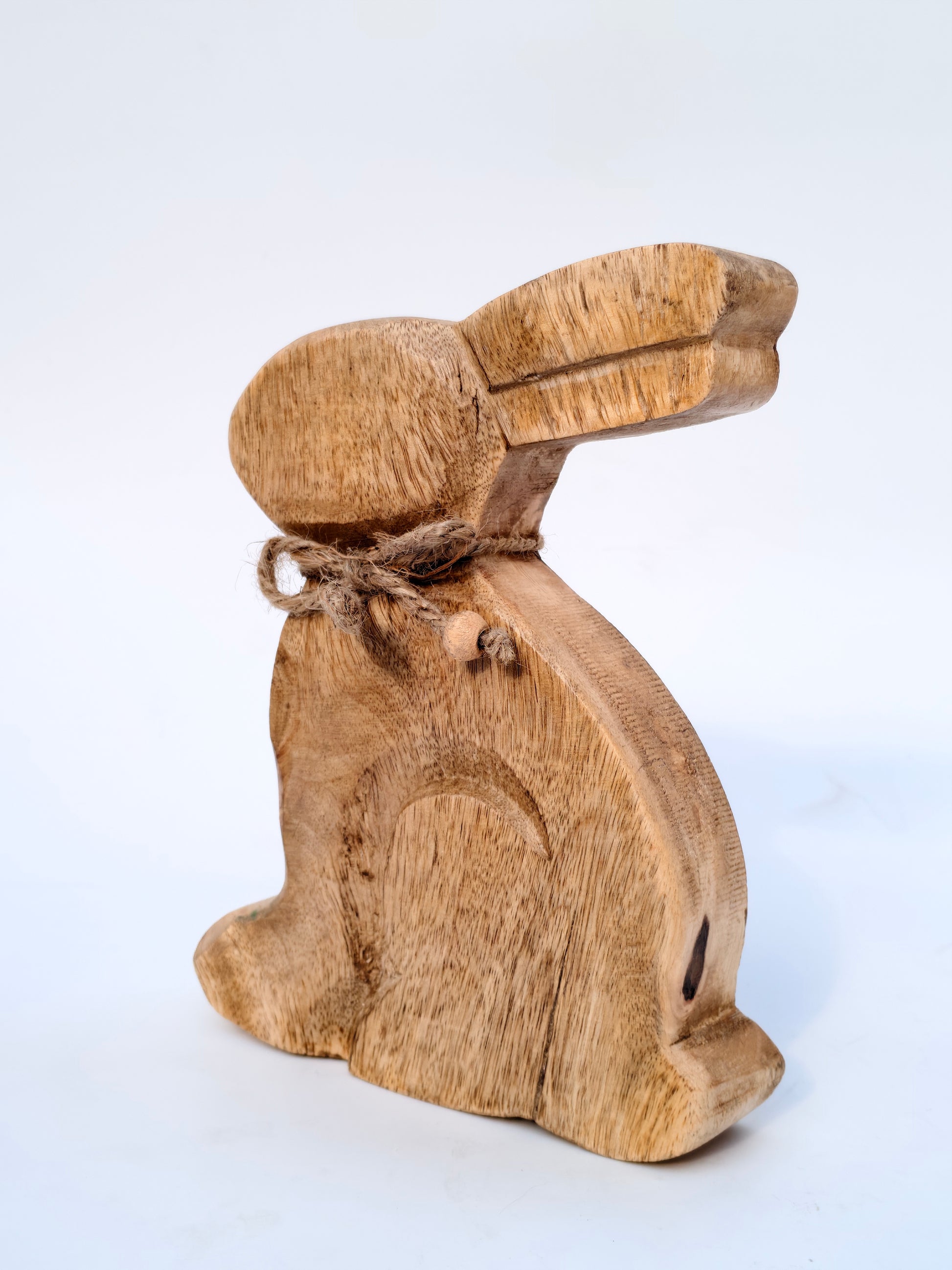 Rustic Wooden Bunny Figurine with Jute Bow – Handcrafted Home Décor