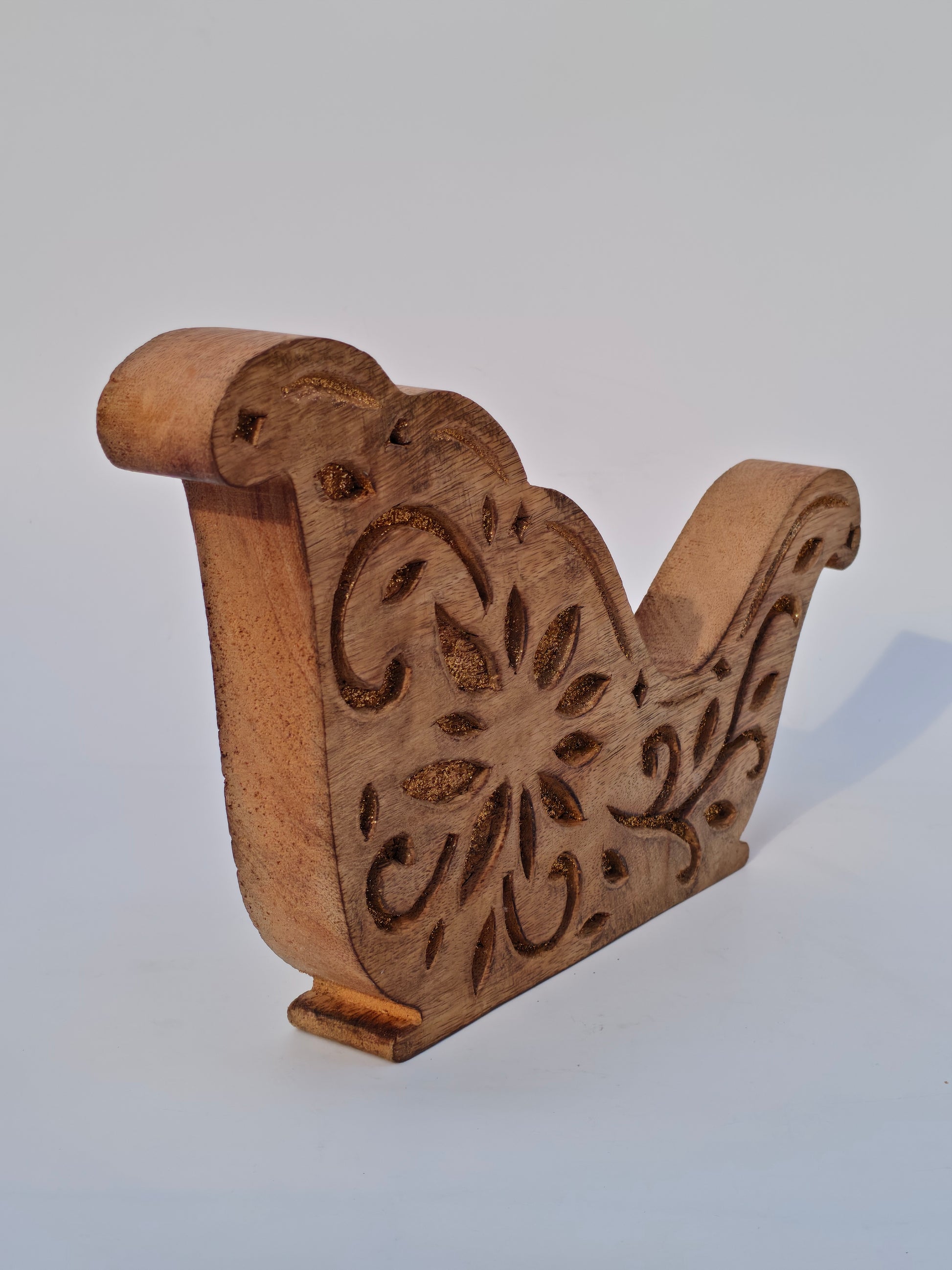 Handcrafted Wooden Sleigh Cutout with Floral Carvings – Rustic Christmas Décor