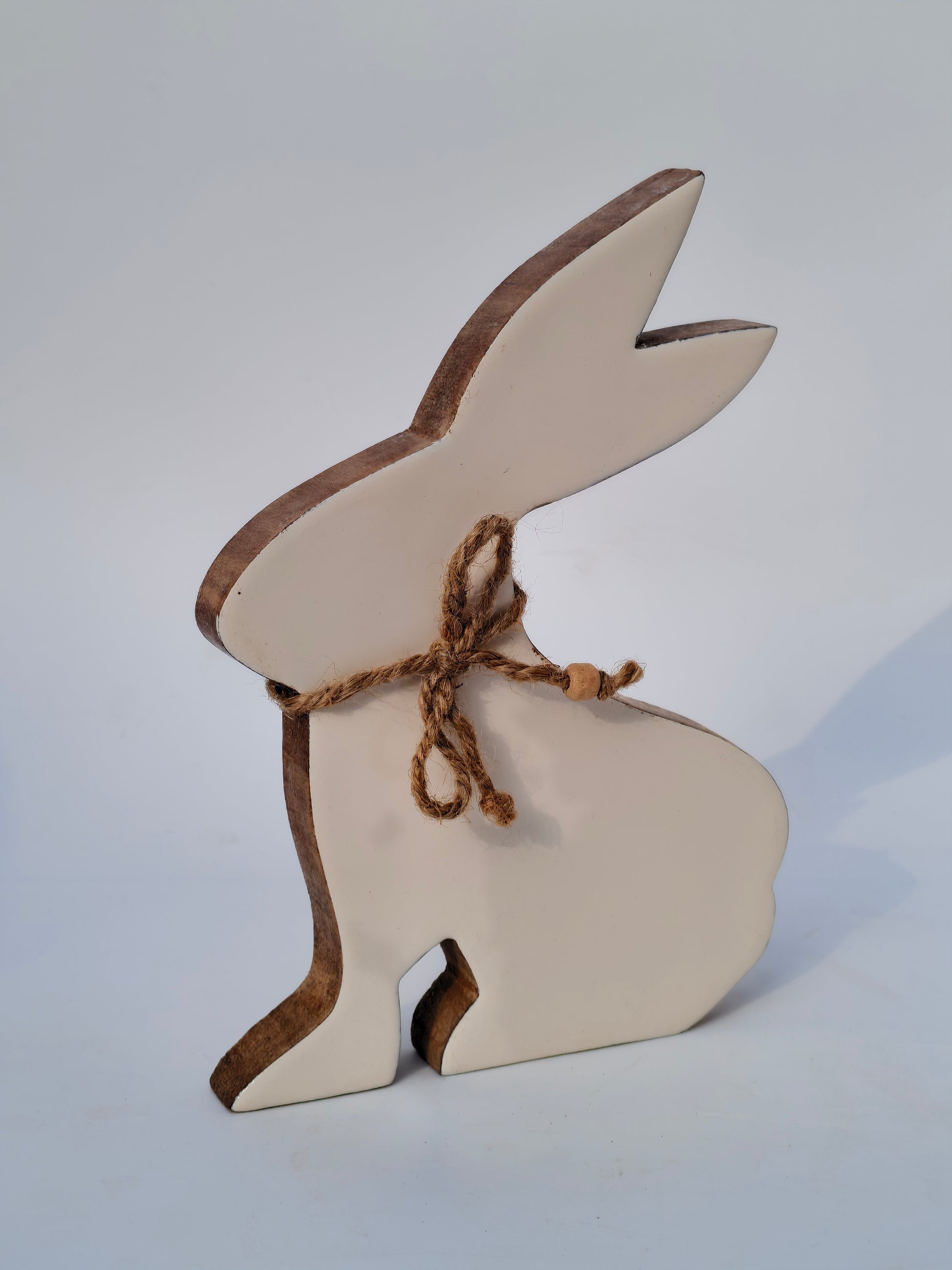 Handcrafted White Wooden Bunny with Jute Bow – Elegant Rustic Décor