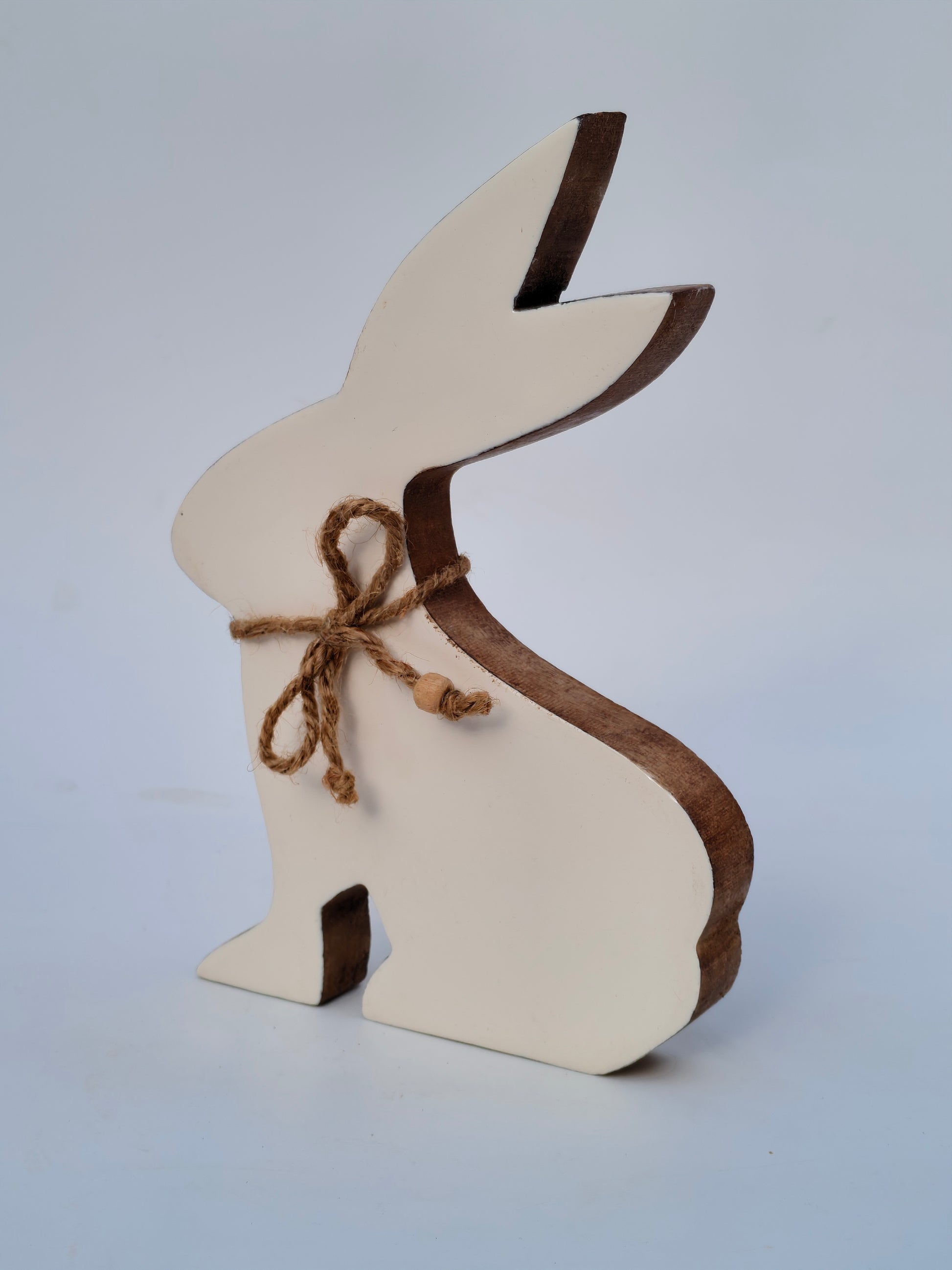 Handcrafted White Wooden Bunny with Jute Bow – Elegant Rustic Décor