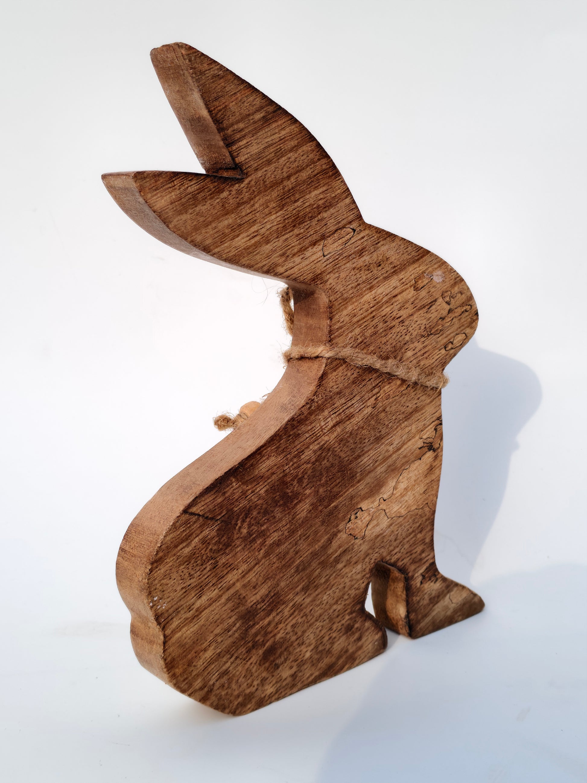 Handcrafted White Wooden Bunny with Jute Bow – Elegant Rustic Décor