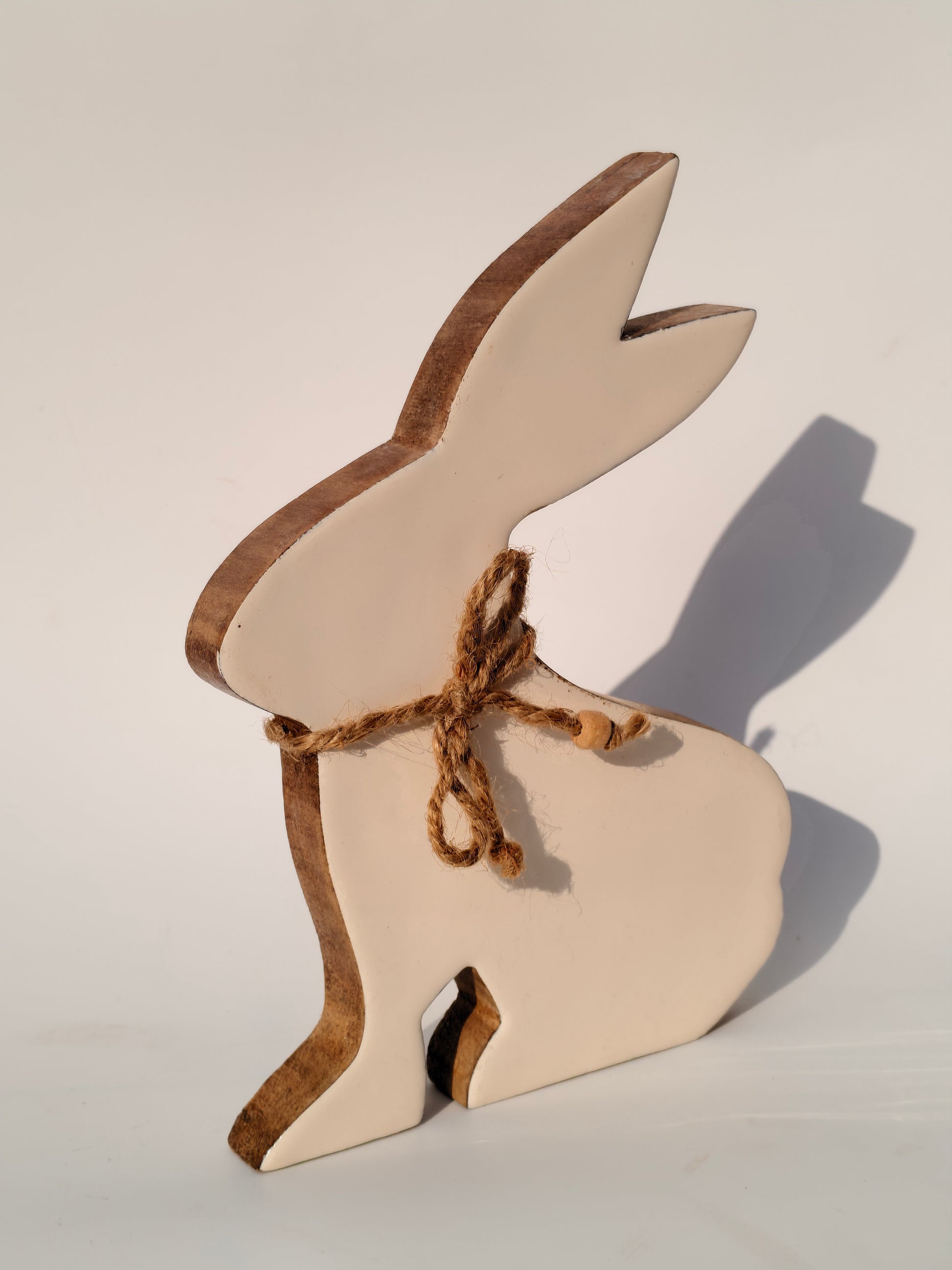 Handcrafted White Wooden Bunny with Jute Bow – Elegant Rustic Décor