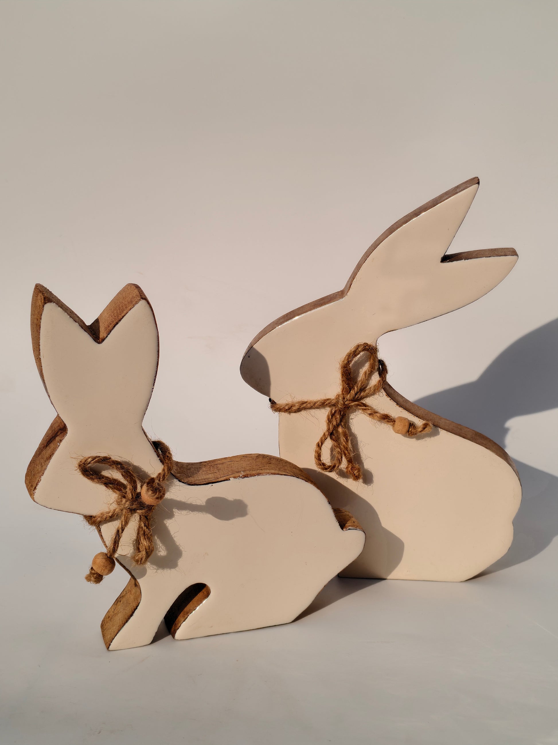 Handcrafted White Wooden Bunny with Jute Bow – Rustic Farmhouse Décor