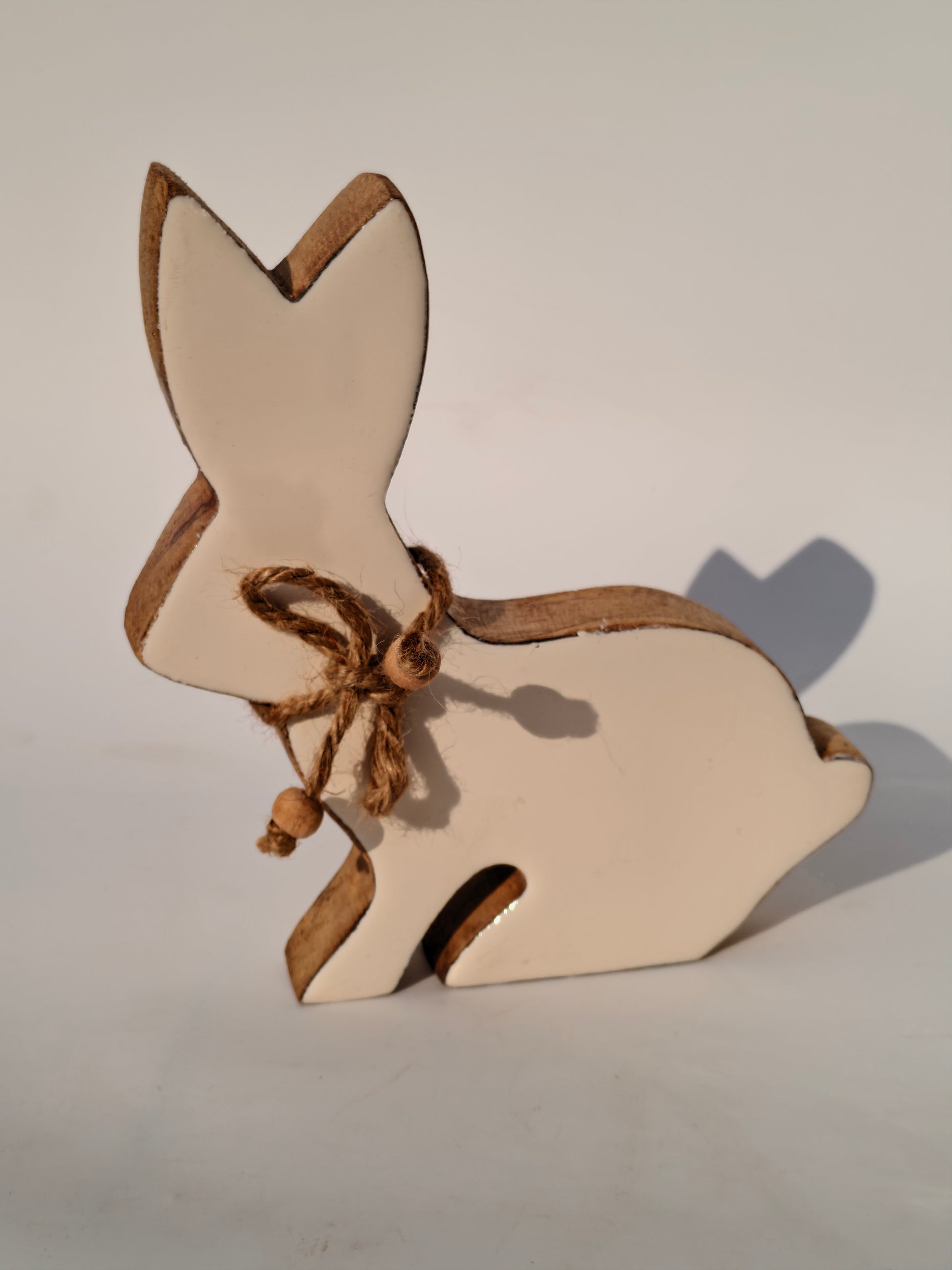 Handcrafted White Wooden Bunny with Jute Bow – Rustic Farmhouse Décor