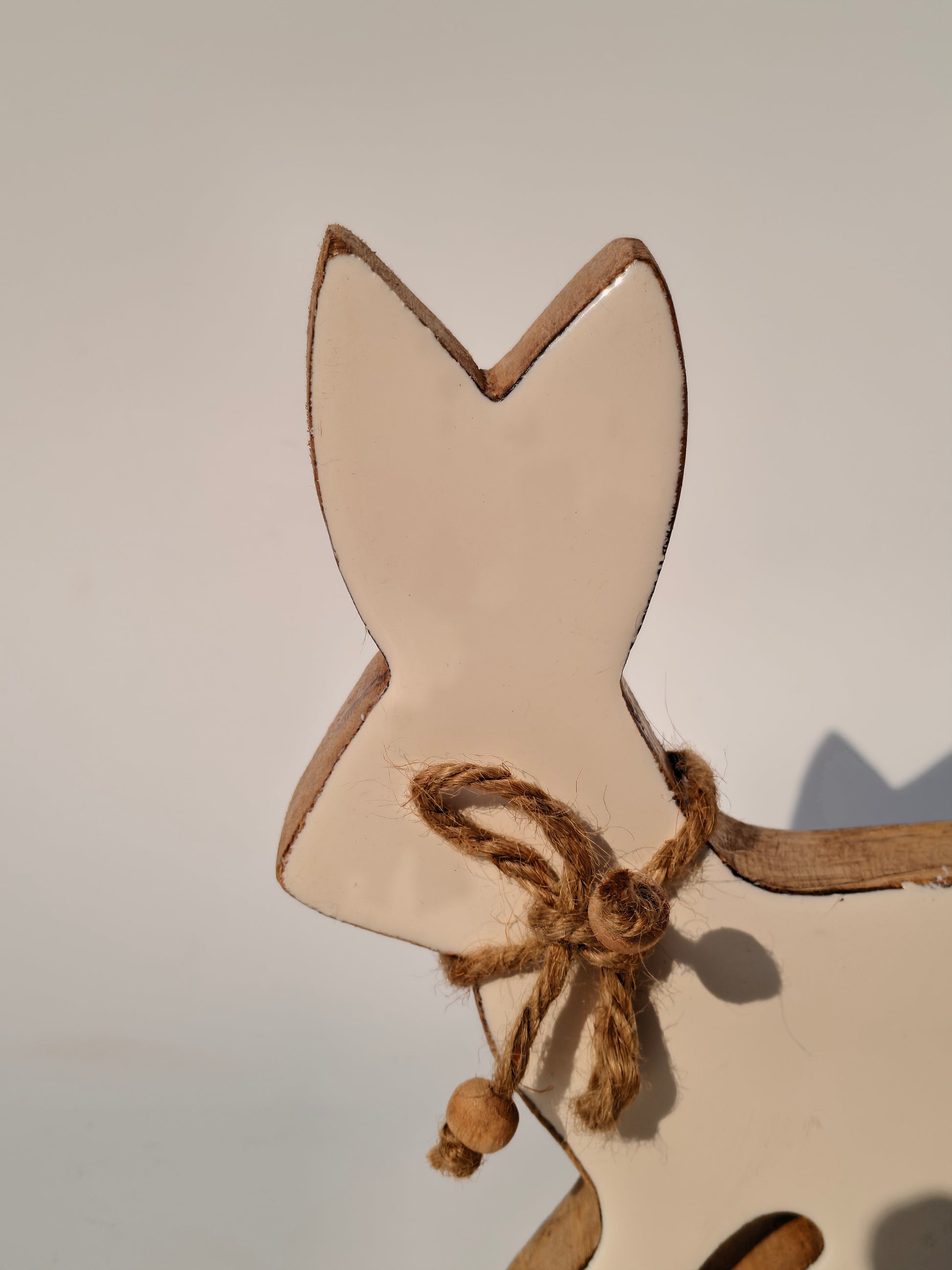 Handcrafted White Wooden Bunny with Jute Bow – Rustic Farmhouse Décor