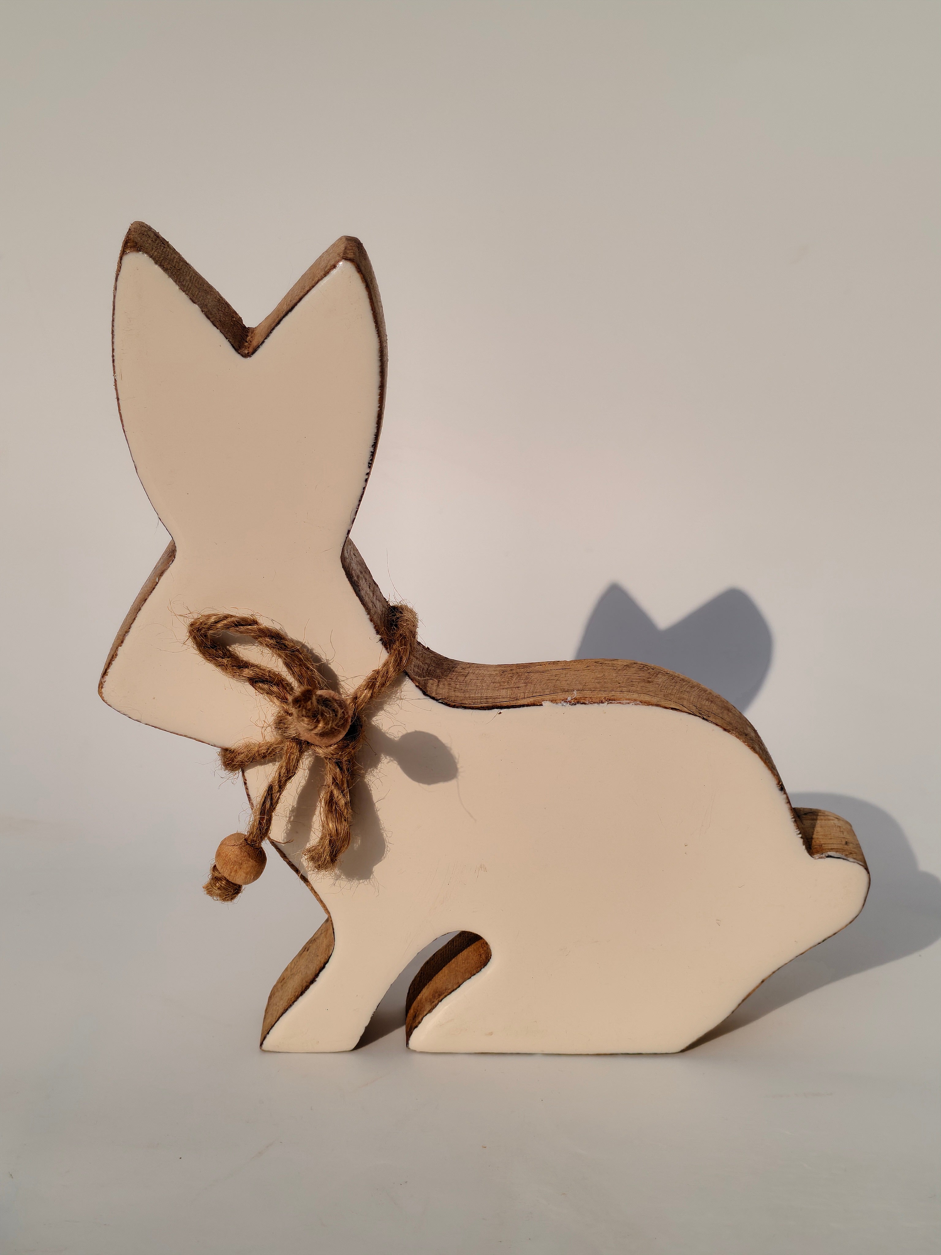 Handcrafted White Wooden Bunny with Jute Bow