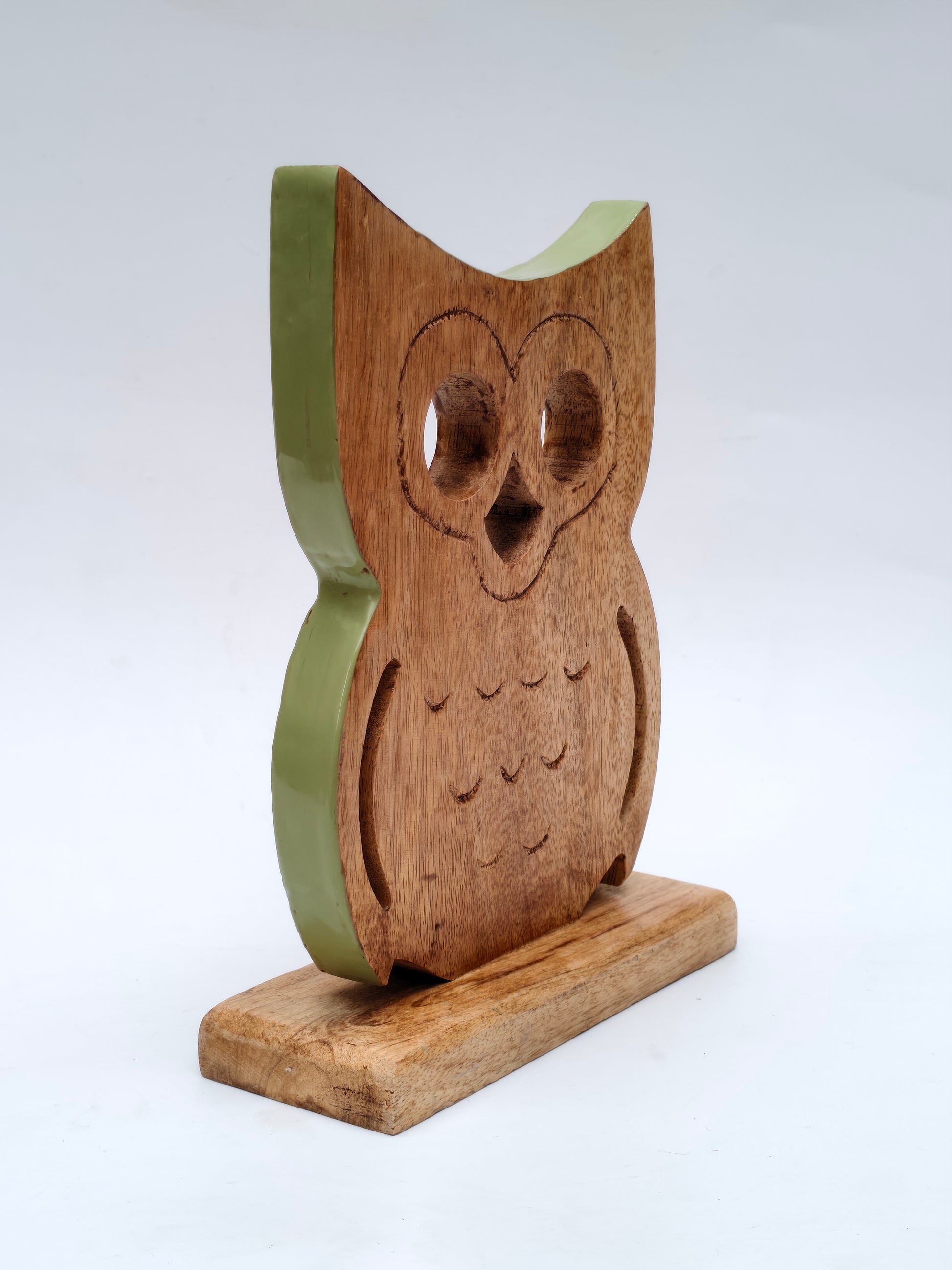 Handcrafted Wooden Owl Figurine on Stand| Rustic Home Decor, Tabletop Showpiece