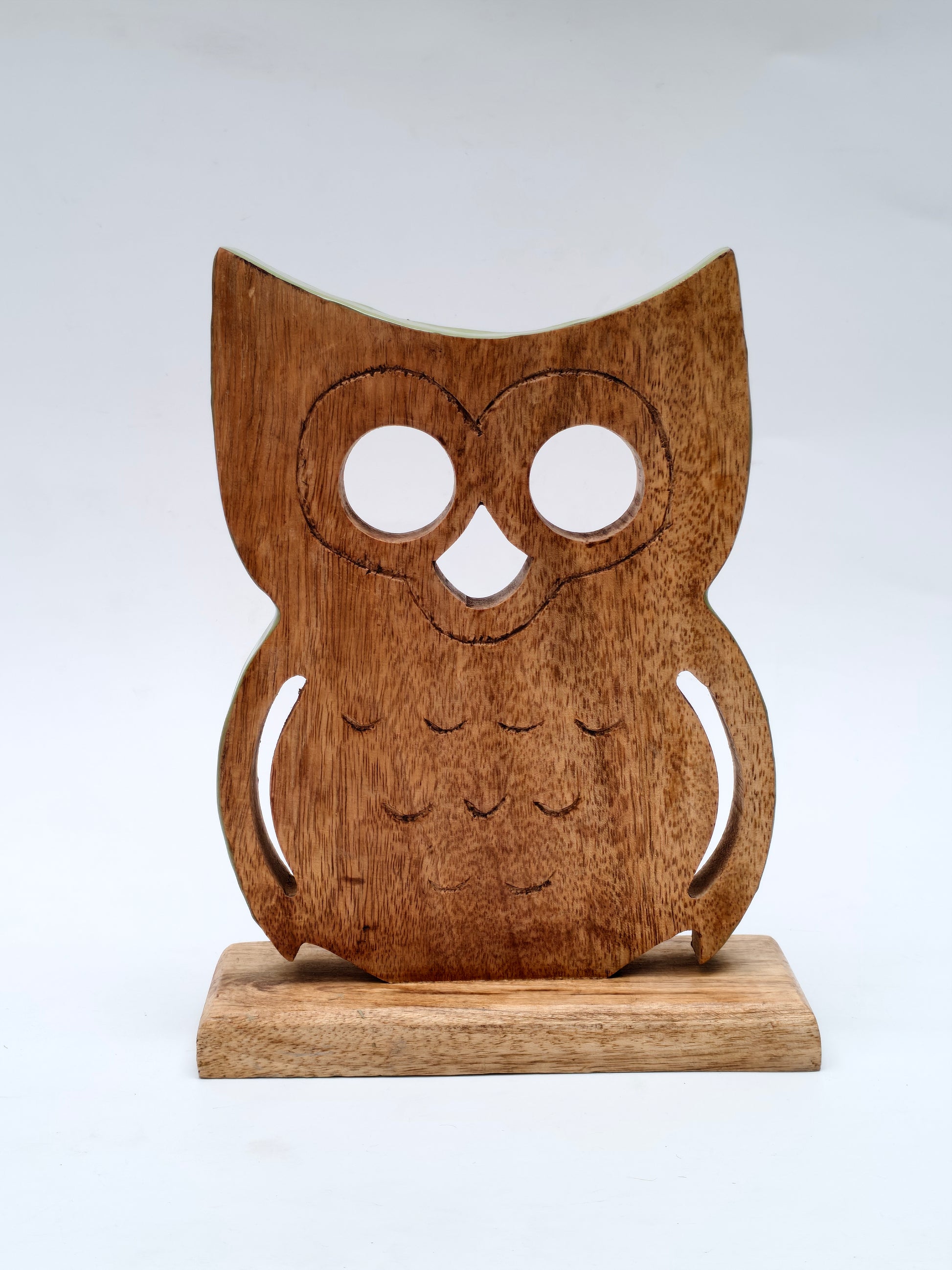 Handcrafted Wooden Owl Figurine on Stand| Rustic Home Decor, Tabletop Showpiece