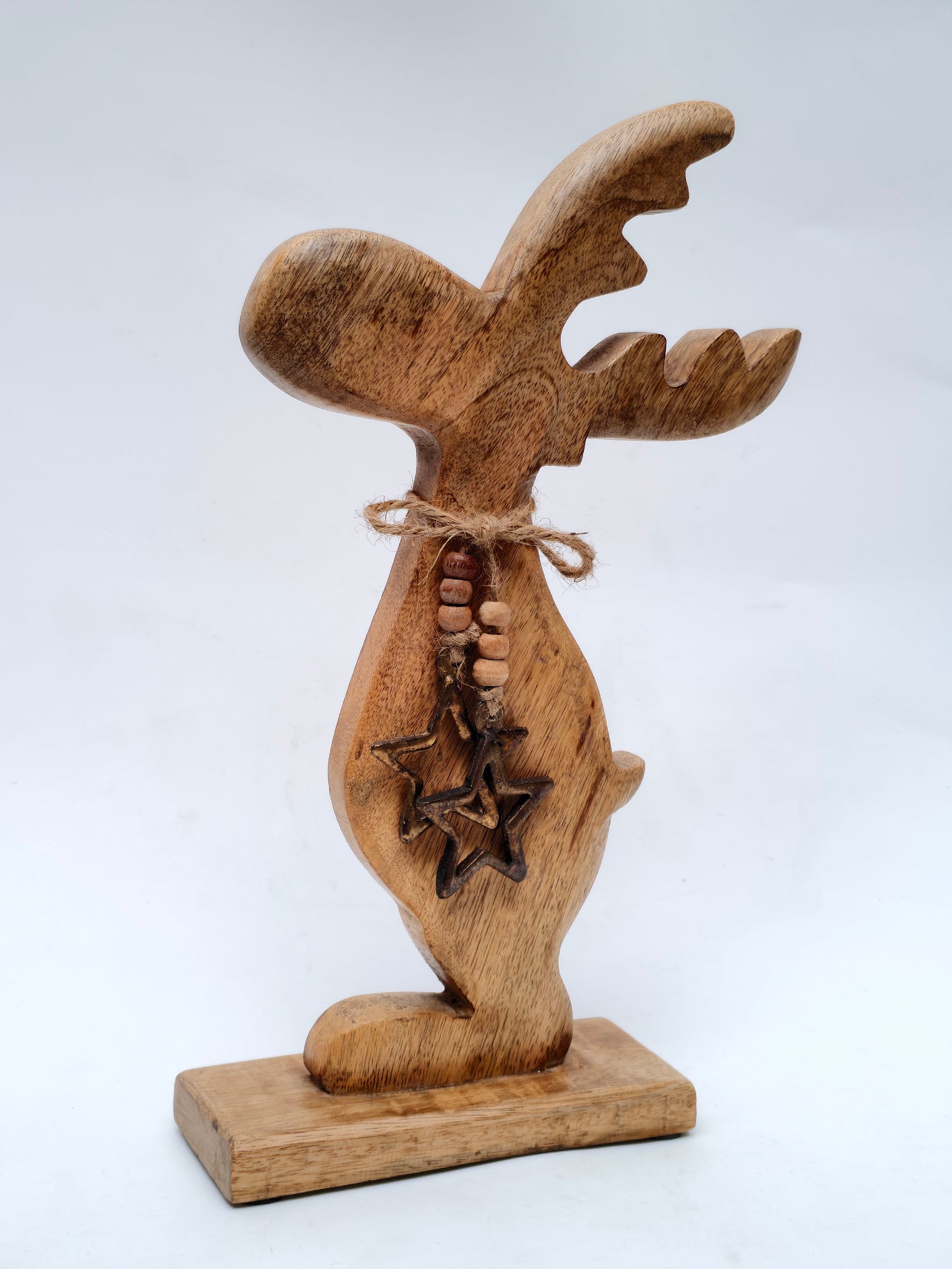 Handcrafted Solid Wood Reindeer Sculpture with Star Charm – Rustic Festive Décor