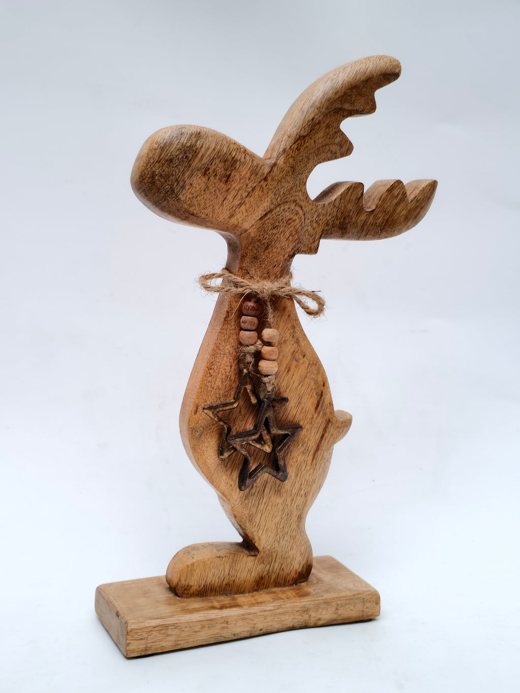 Handcrafted Solid Wood Reindeer Sculpture with Star Charm – Rustic Festive Décor