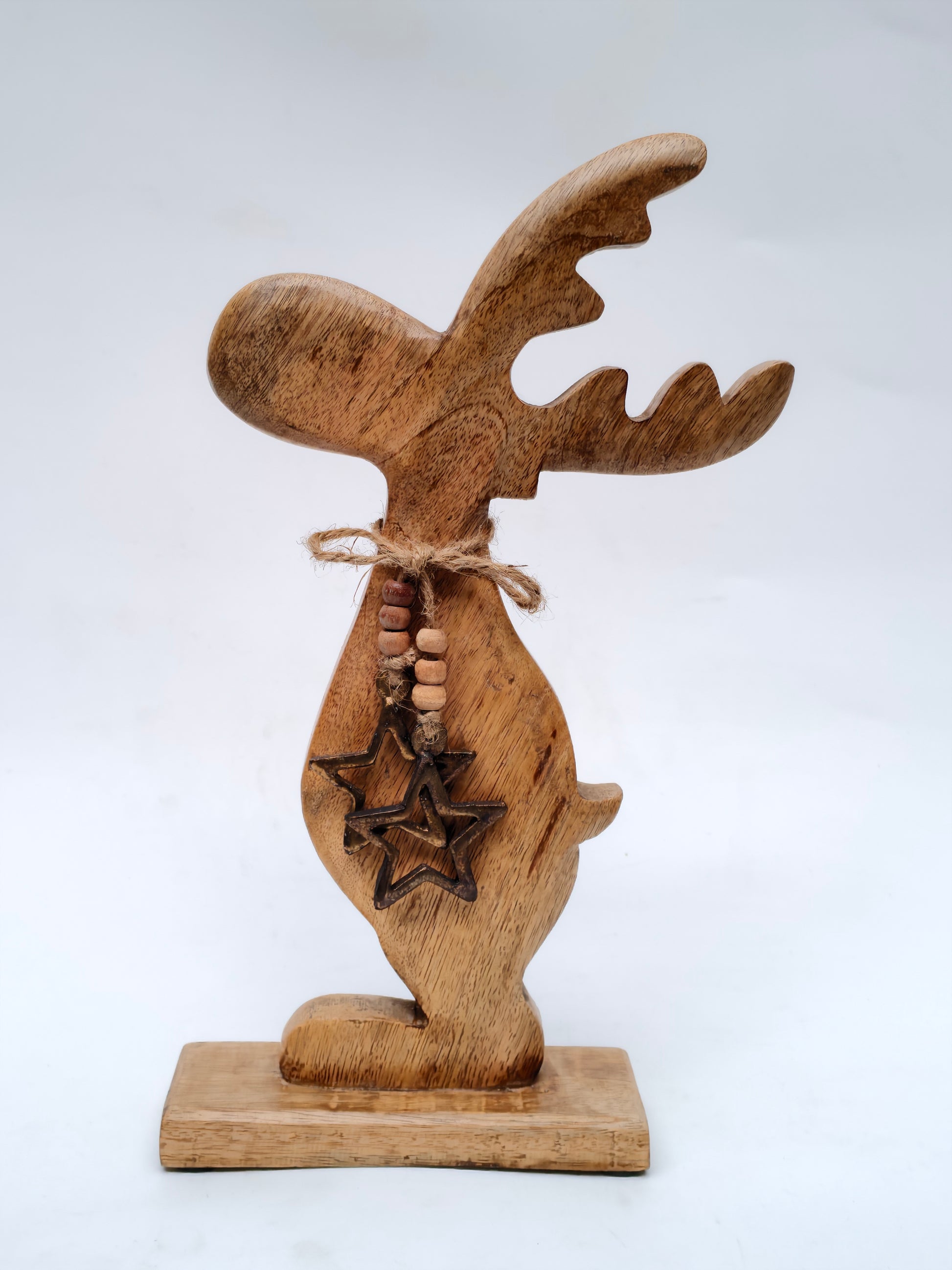 Handcrafted Solid Wood Reindeer Sculpture with Star Charm – Rustic Festive Décor