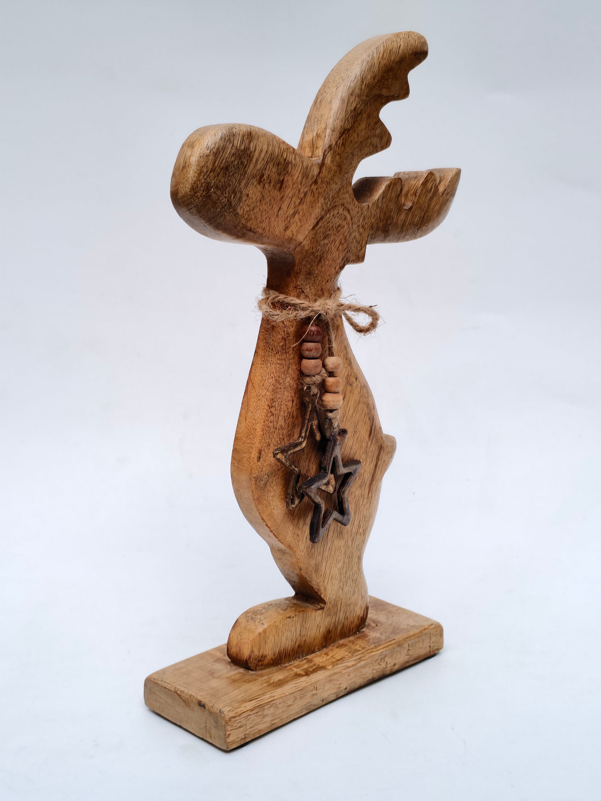 Handcrafted Solid Wood Reindeer Sculpture with Star Charm – Rustic Festive Décor