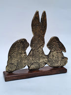 Antique Finish Bunny Family Sculpture – Brass Texture on Wooden Base