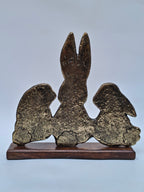 Antique Finish Bunny Family Sculpture – Brass Texture on Wooden Base