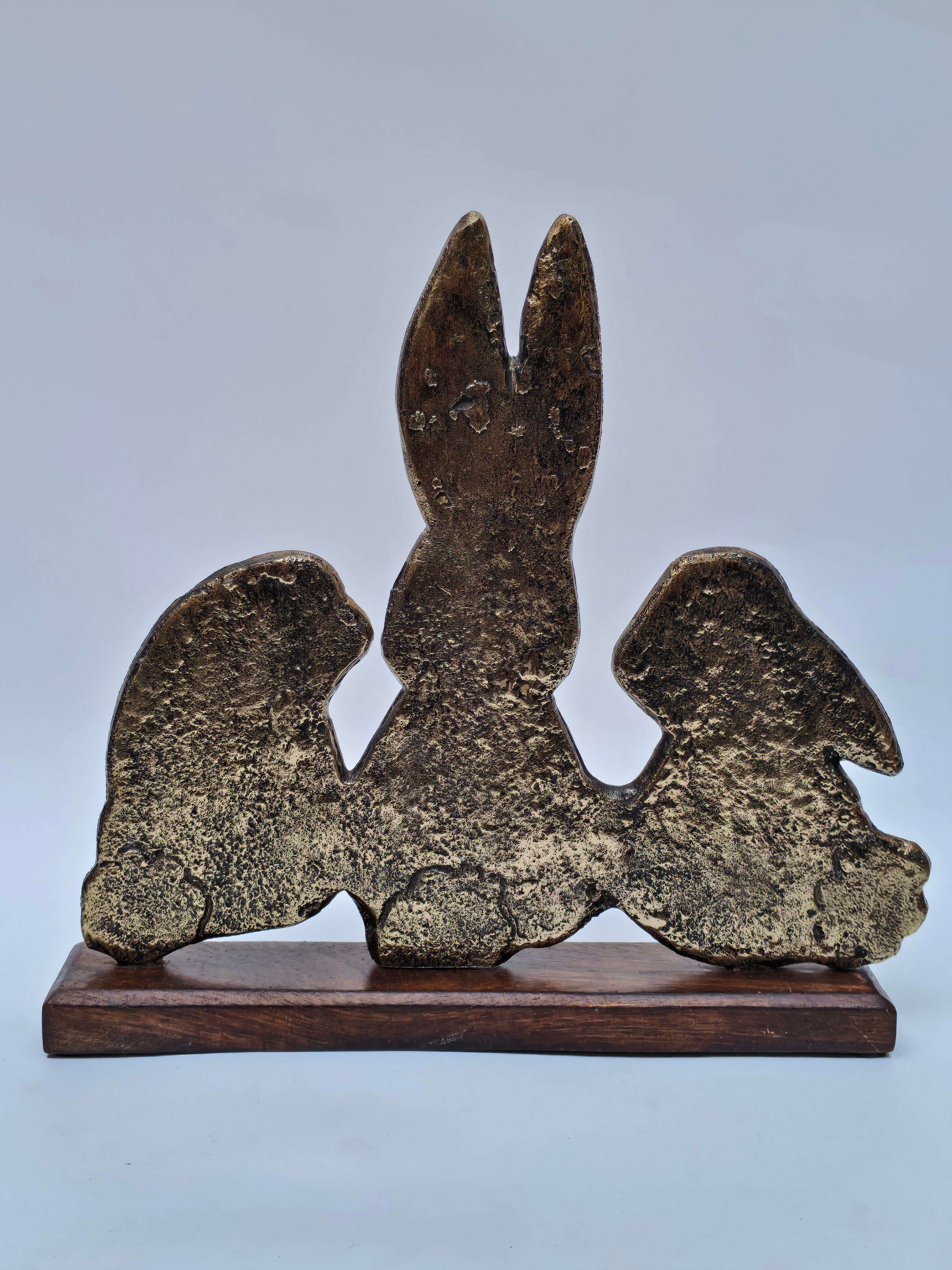 Antique Finish Bunny Family Sculpture – Brass Texture on Wooden Base