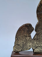 Antique Finish Bunny Family Sculpture – Brass Texture on Wooden Base