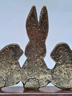 Antique Finish Bunny Family Sculpture – Brass Texture on Wooden Base