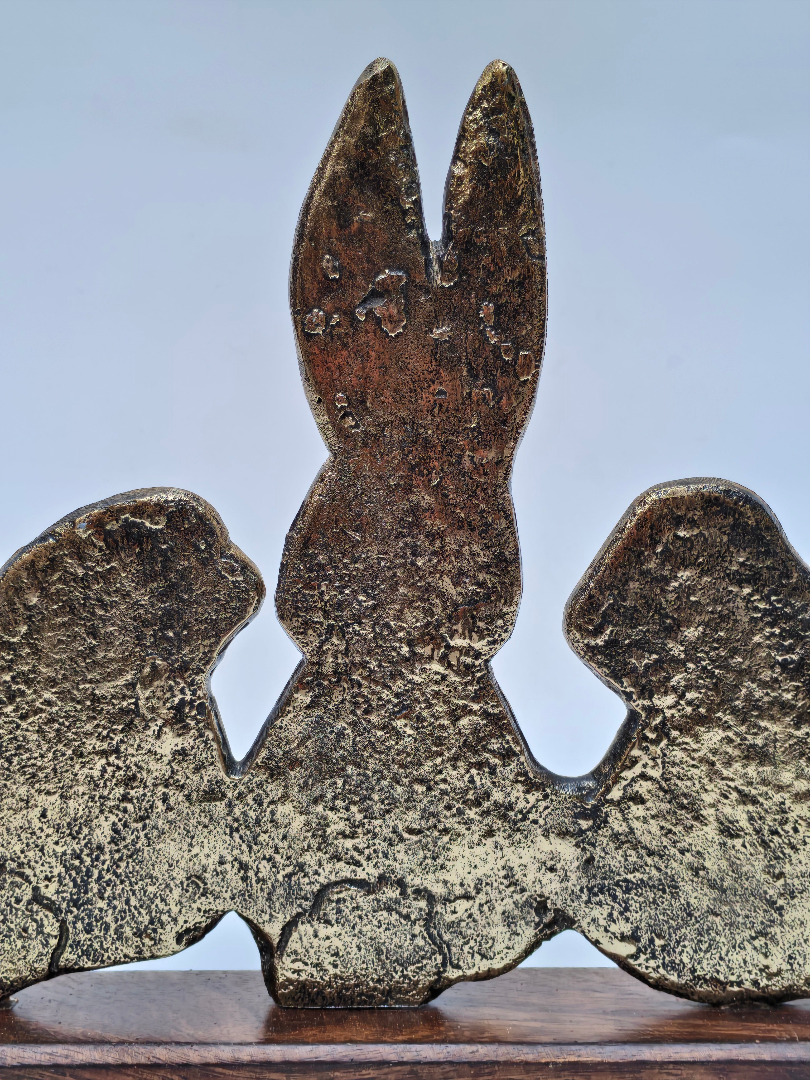 Antique Finish Bunny Family Sculpture – Brass Texture on Wooden Base
