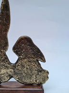 Antique Finish Bunny Family Sculpture – Brass Texture on Wooden Base