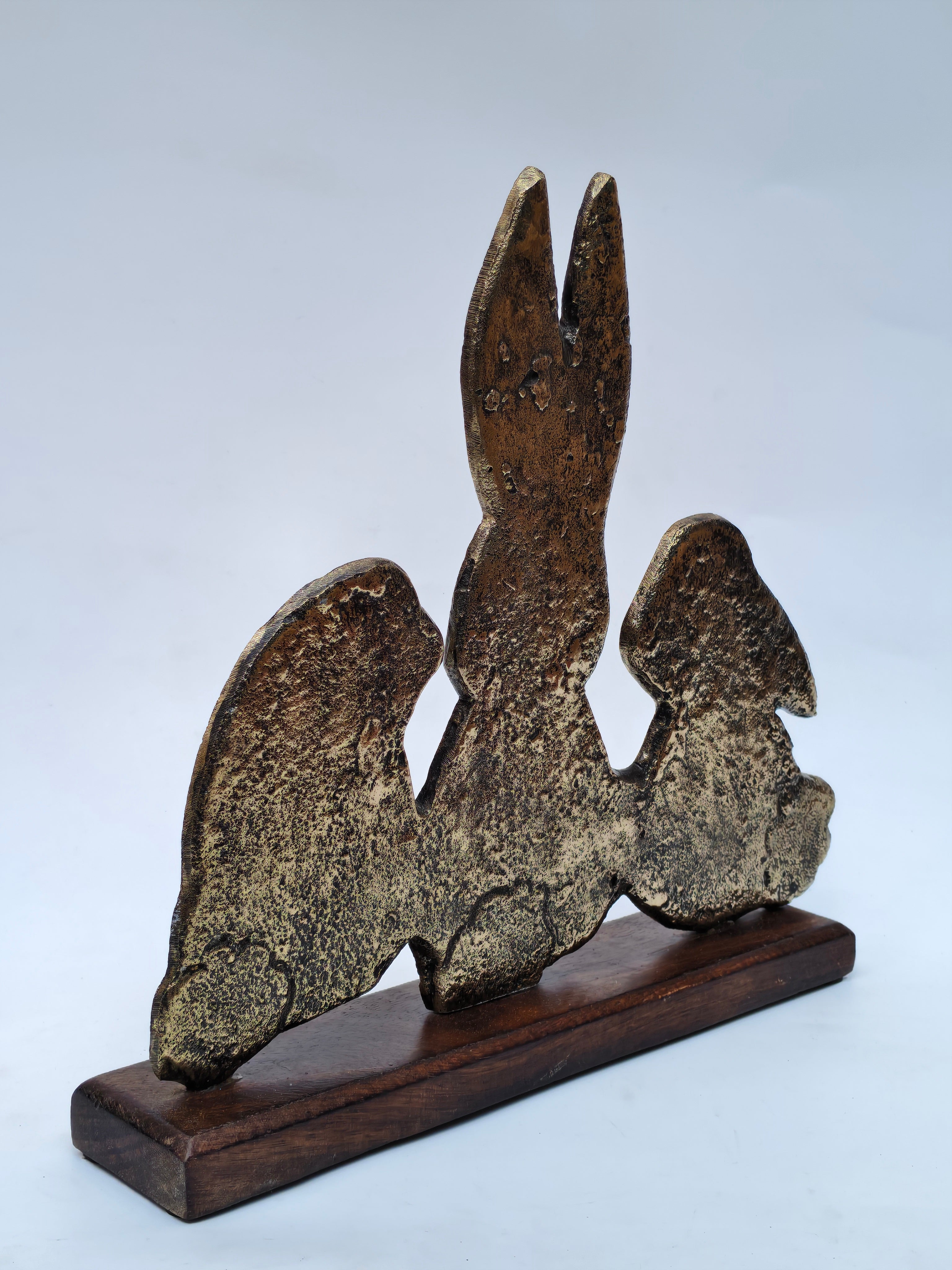 Antique Finish Bunny Family Sculpture – Brass Texture on Wooden Base