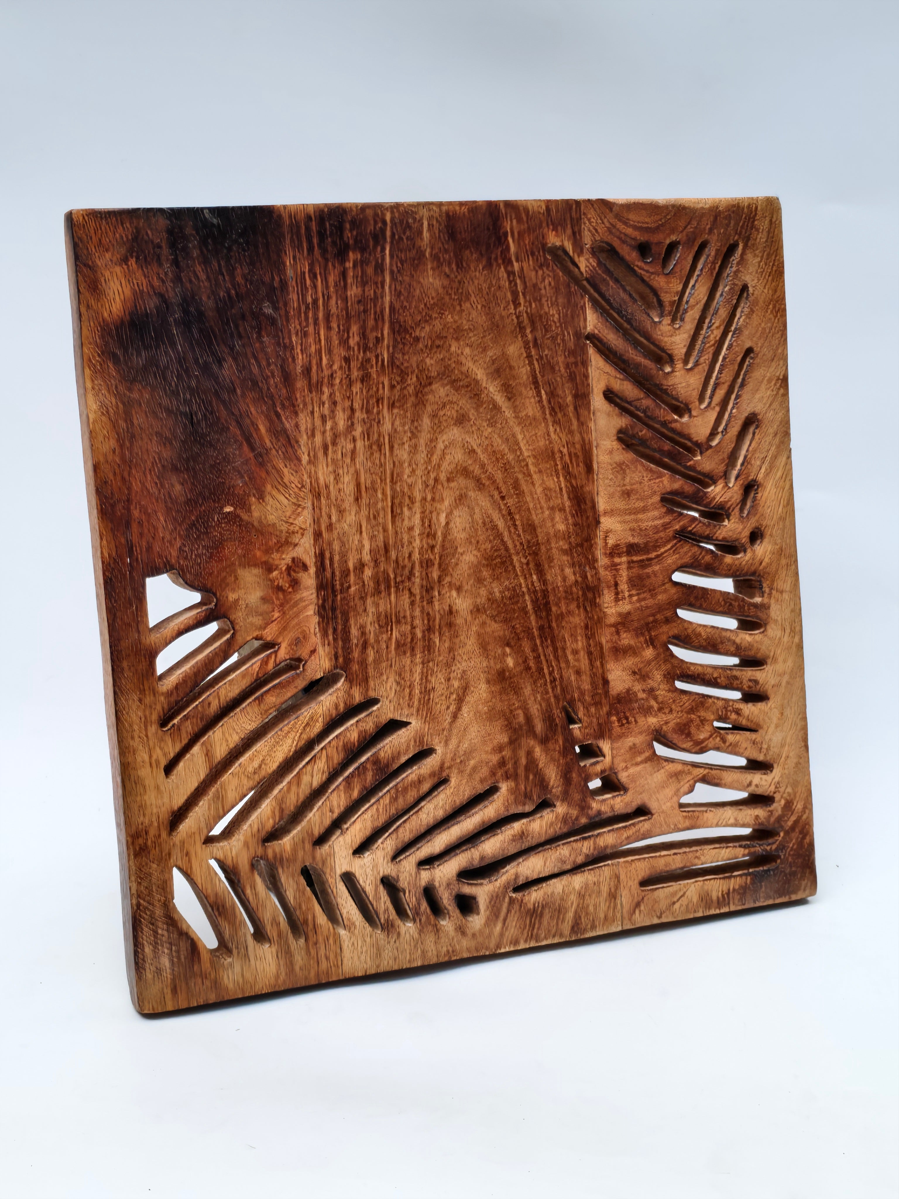 Handcrafted Solid Wood Wall Hanging with Leaf Carving – Rustic Home Décor Panel