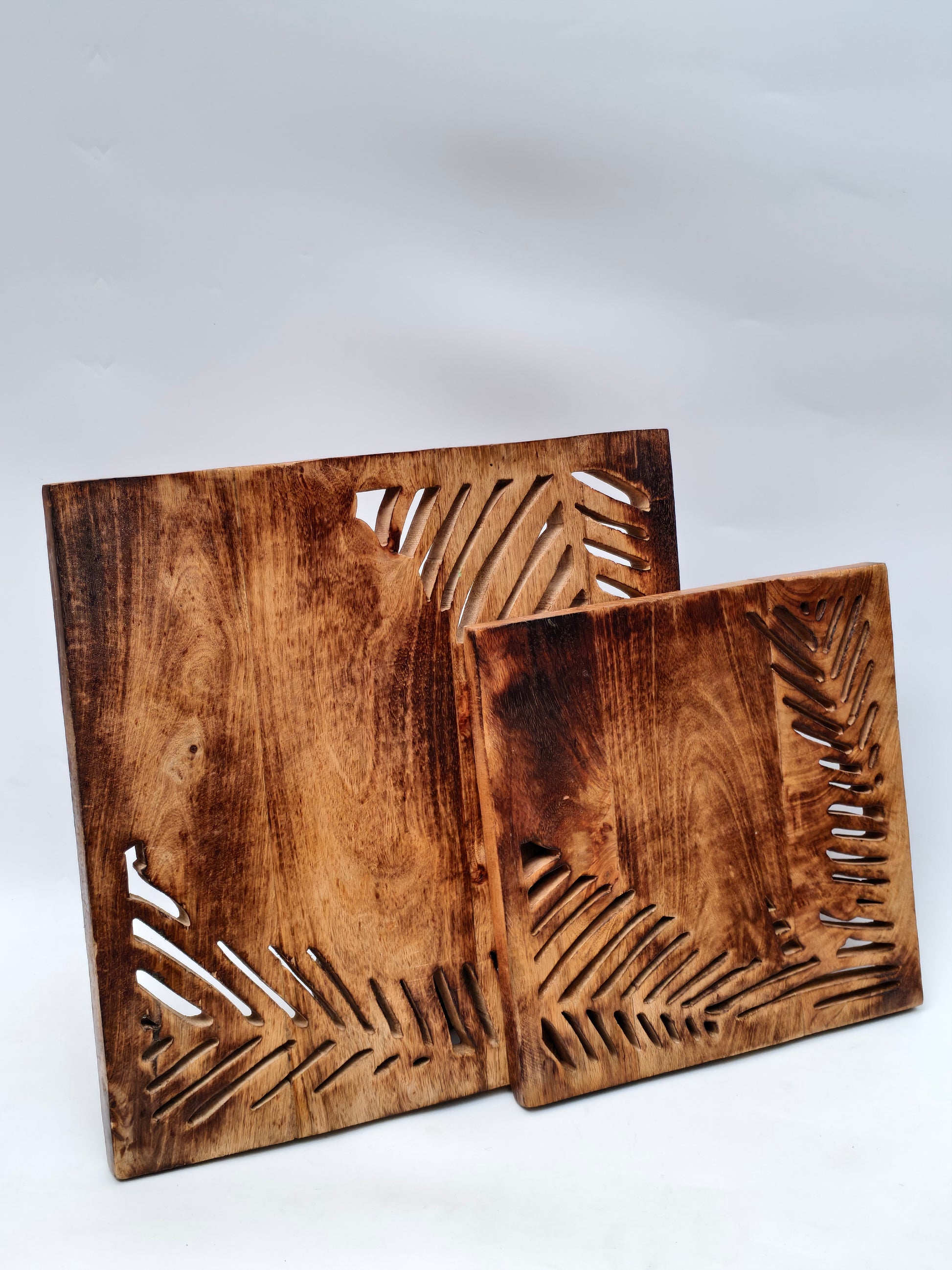 Handcrafted Solid Wood Wall Hanging with Leaf Carving – Rustic Home Décor Panel