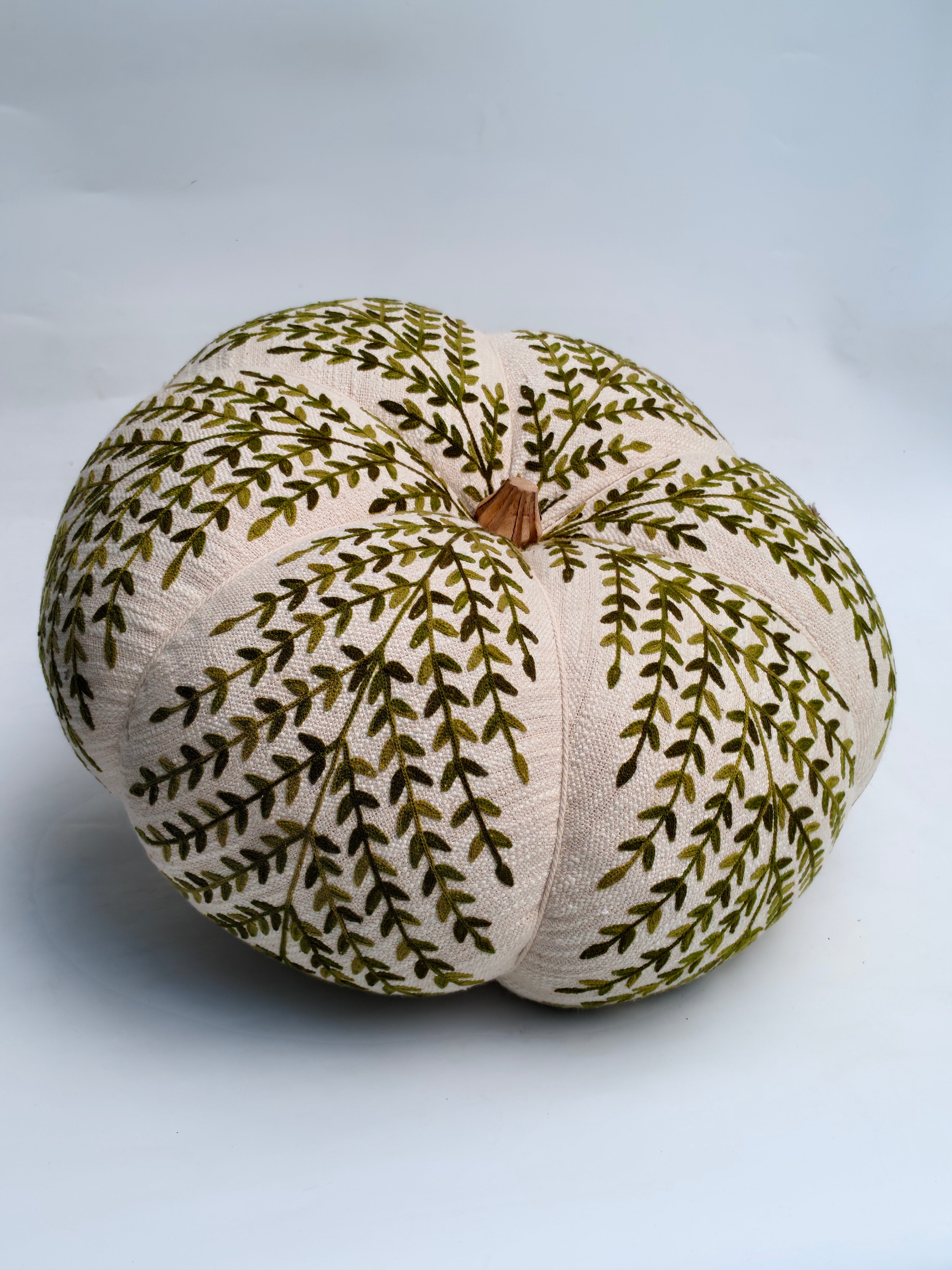 Large Handcrafted Embroidered Pumpkin with Green Leaf Pattern