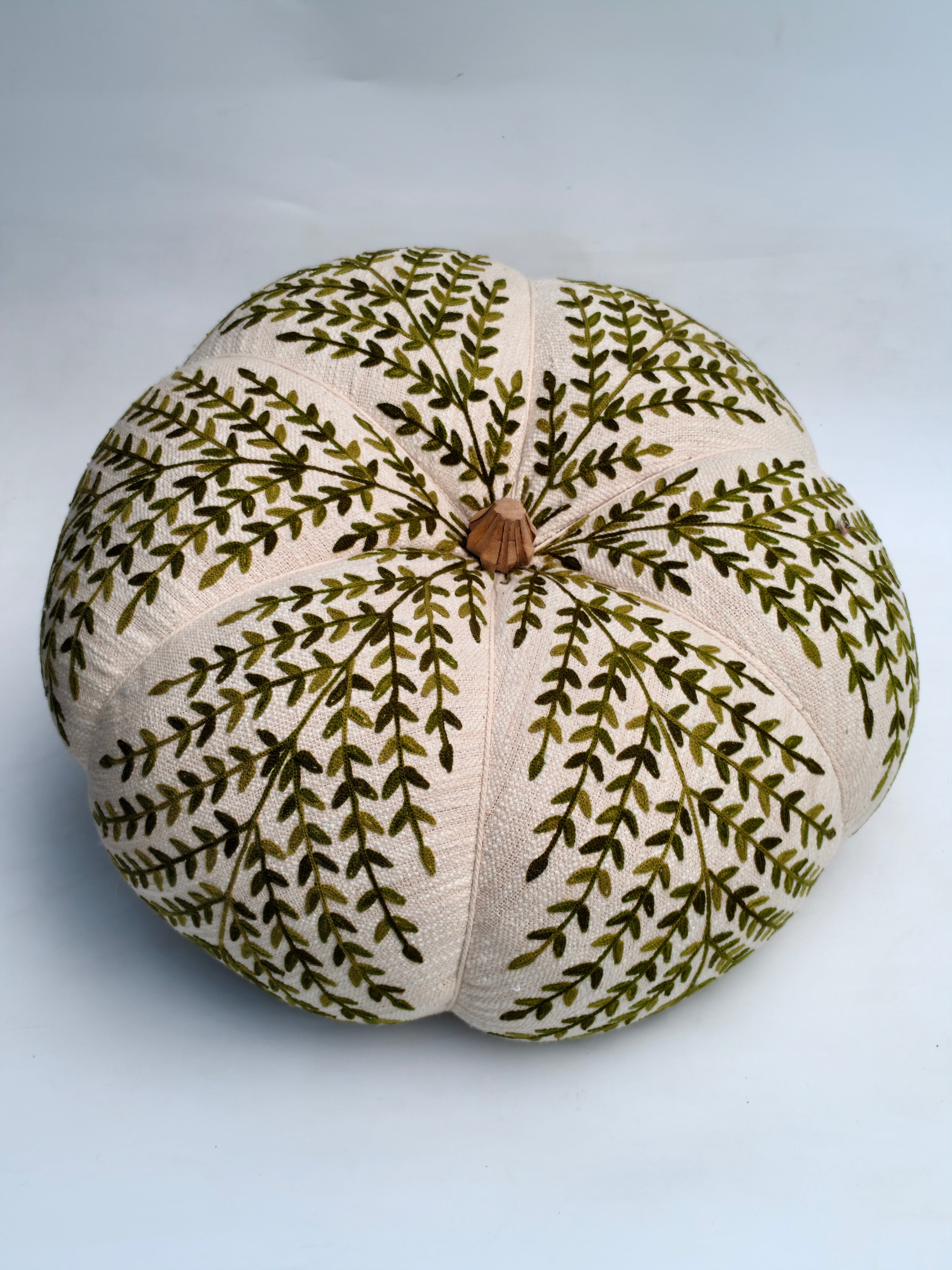 Large Handcrafted Embroidered Pumpkin with Green Leaf Pattern