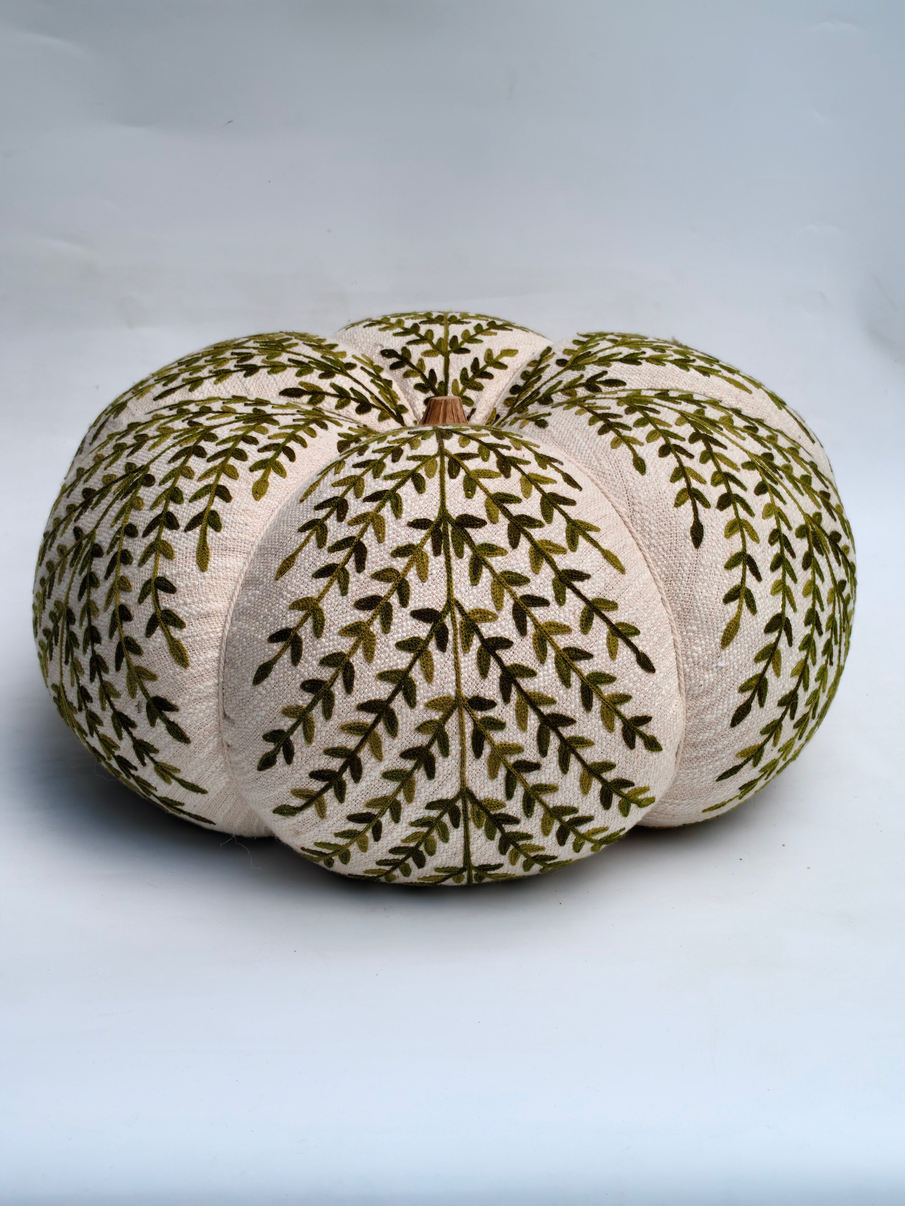 Large Handcrafted Embroidered Pumpkin with Green Leaf Pattern