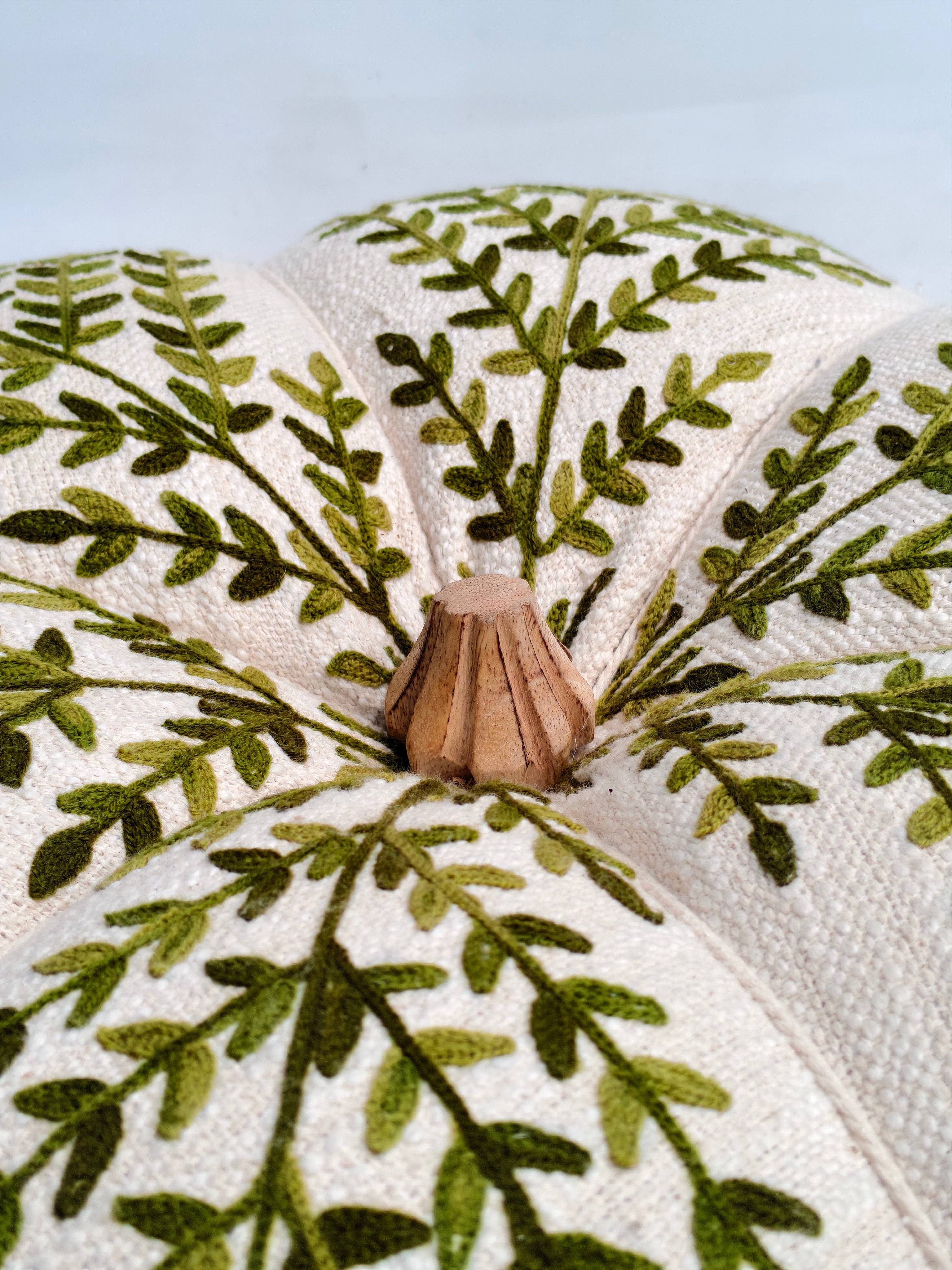 Large Handcrafted Embroidered Pumpkin with Green Leaf Pattern