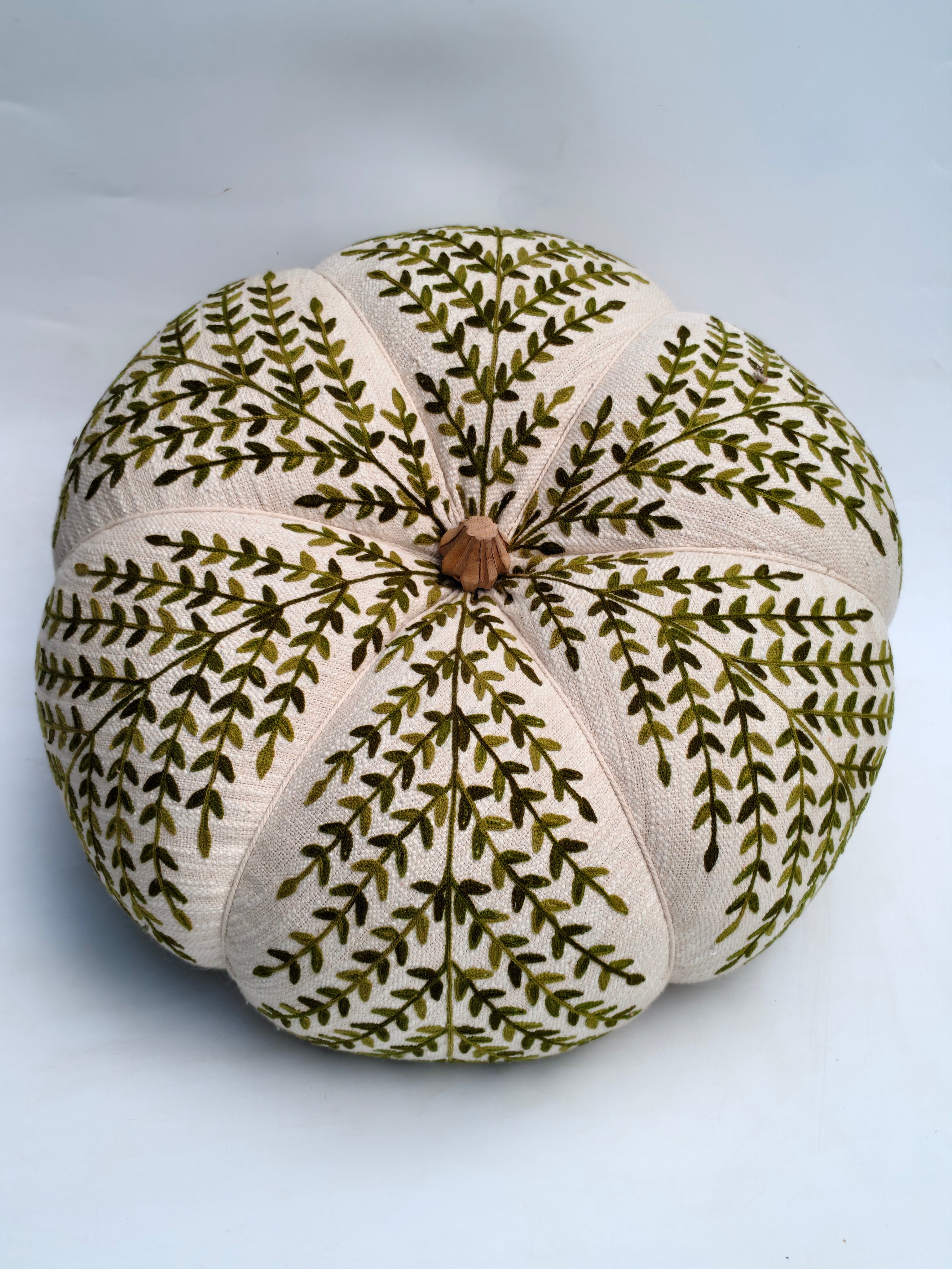 Large Handcrafted Embroidered Pumpkin with Green Leaf Pattern
