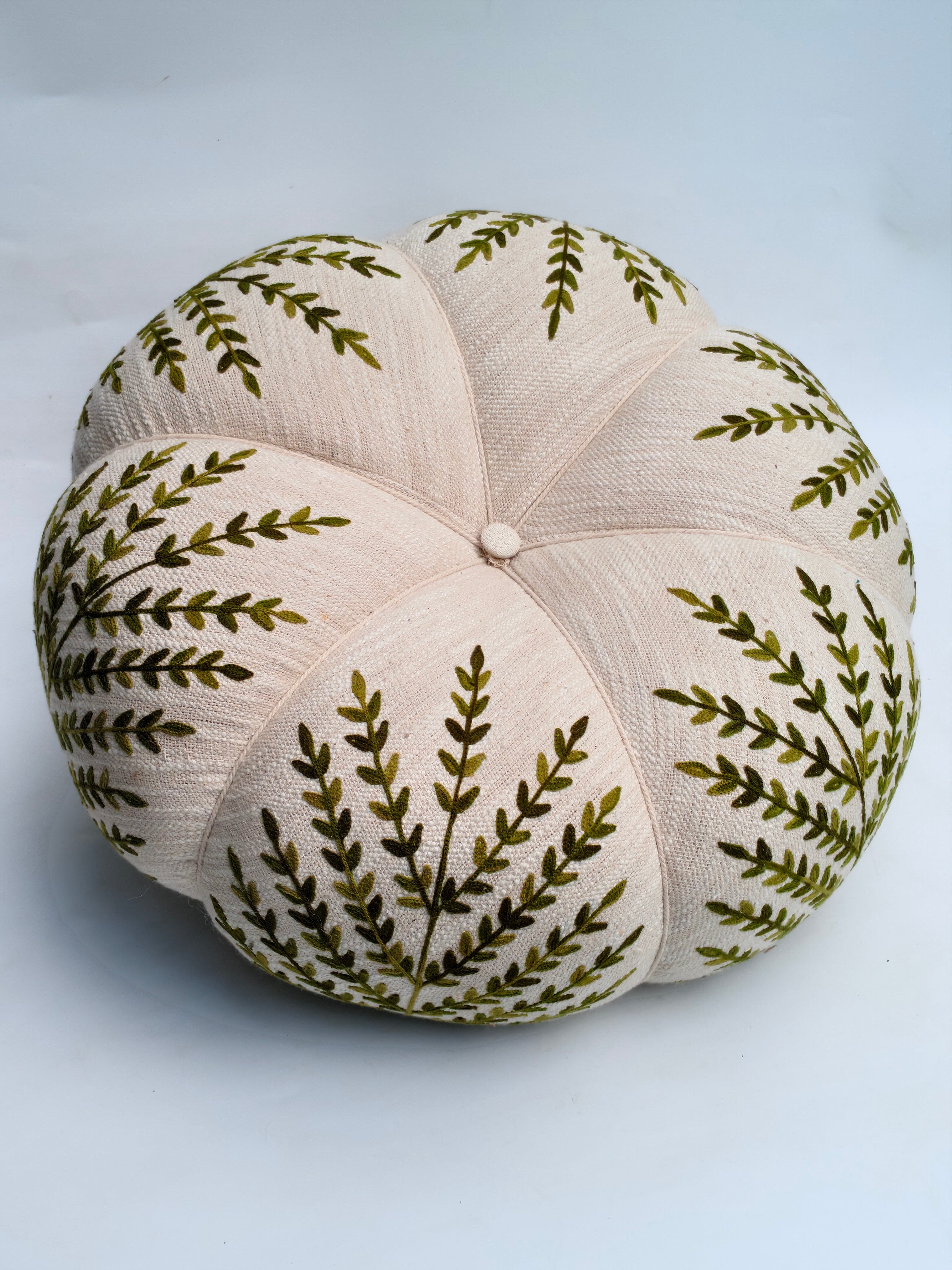 Large Handcrafted Embroidered Pumpkin with Green Leaf Pattern