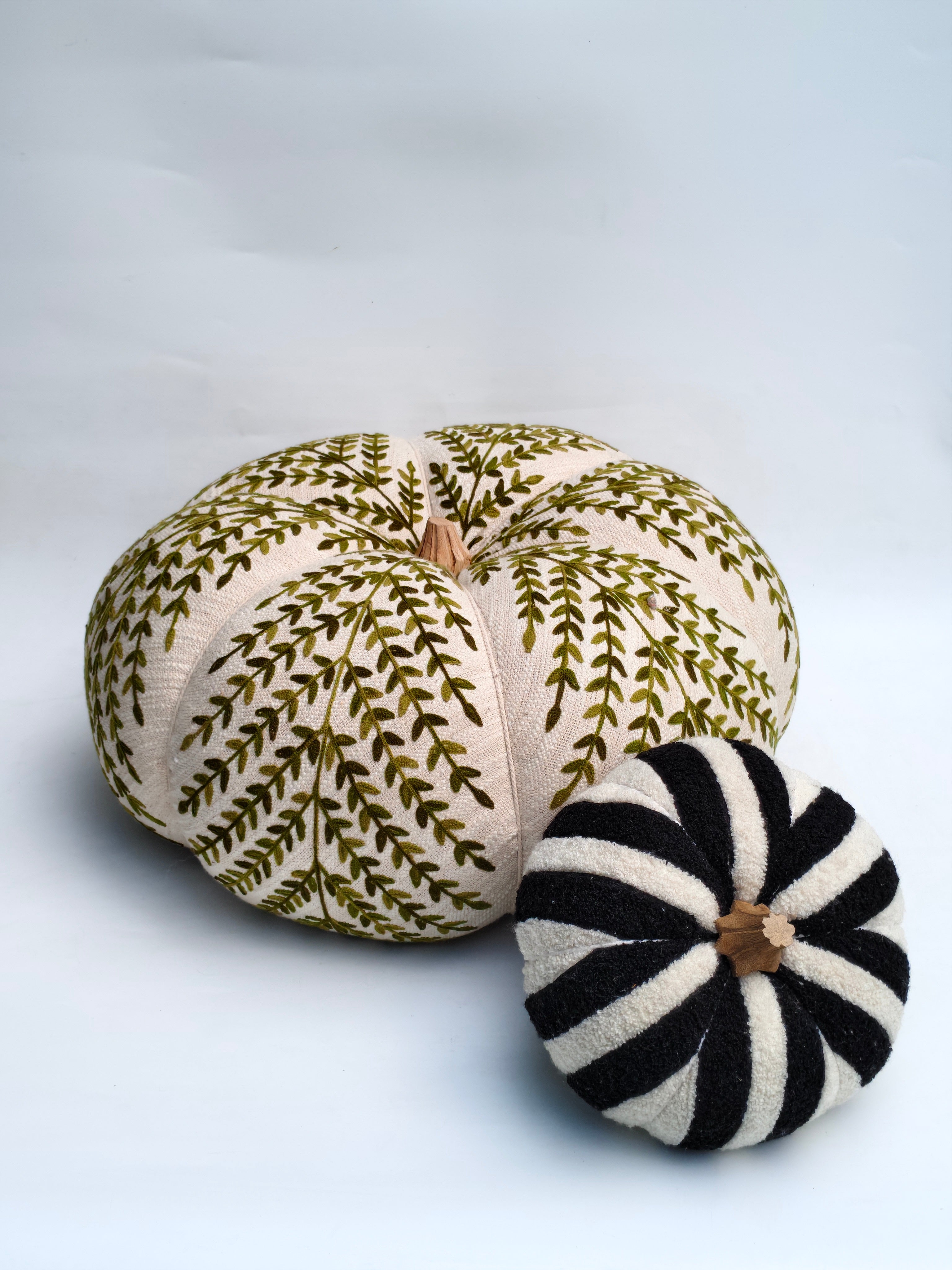 Large Handcrafted Embroidered Pumpkin with Green Leaf Pattern