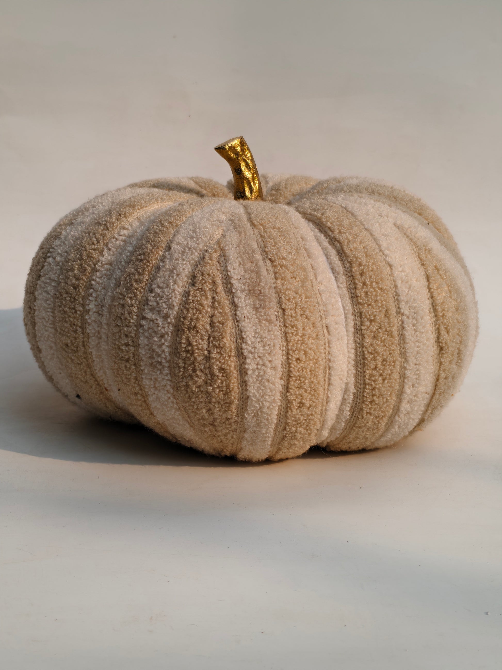 Plush Textured Fabric Pumpkin with Golden Stem – Cozy Neutral Home Décor