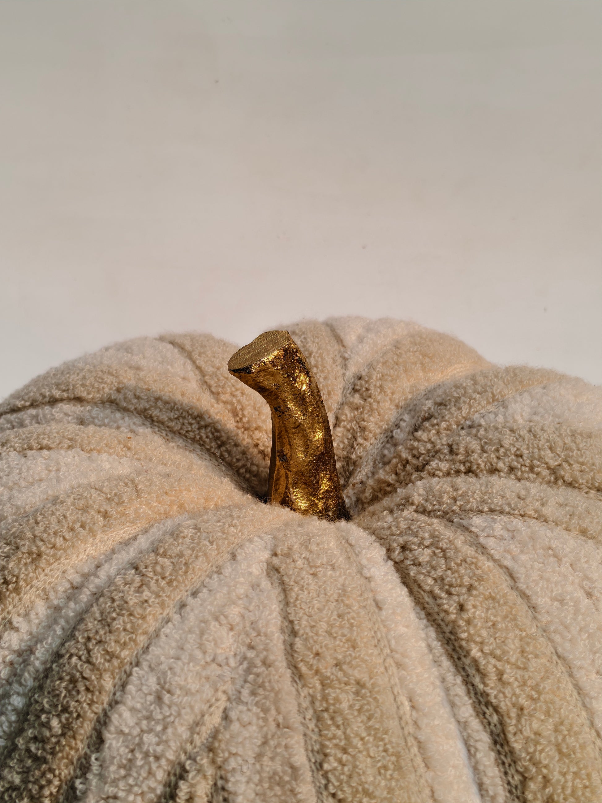 Plush Textured Fabric Pumpkin with Golden Stem – Cozy Neutral Home Décor
