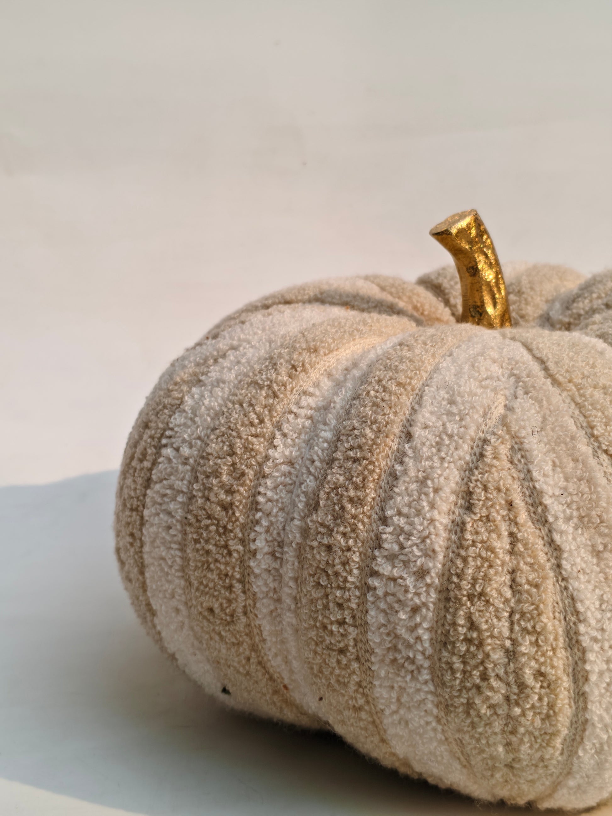 Plush Textured Fabric Pumpkin with Golden Stem – Cozy Neutral Home Décor