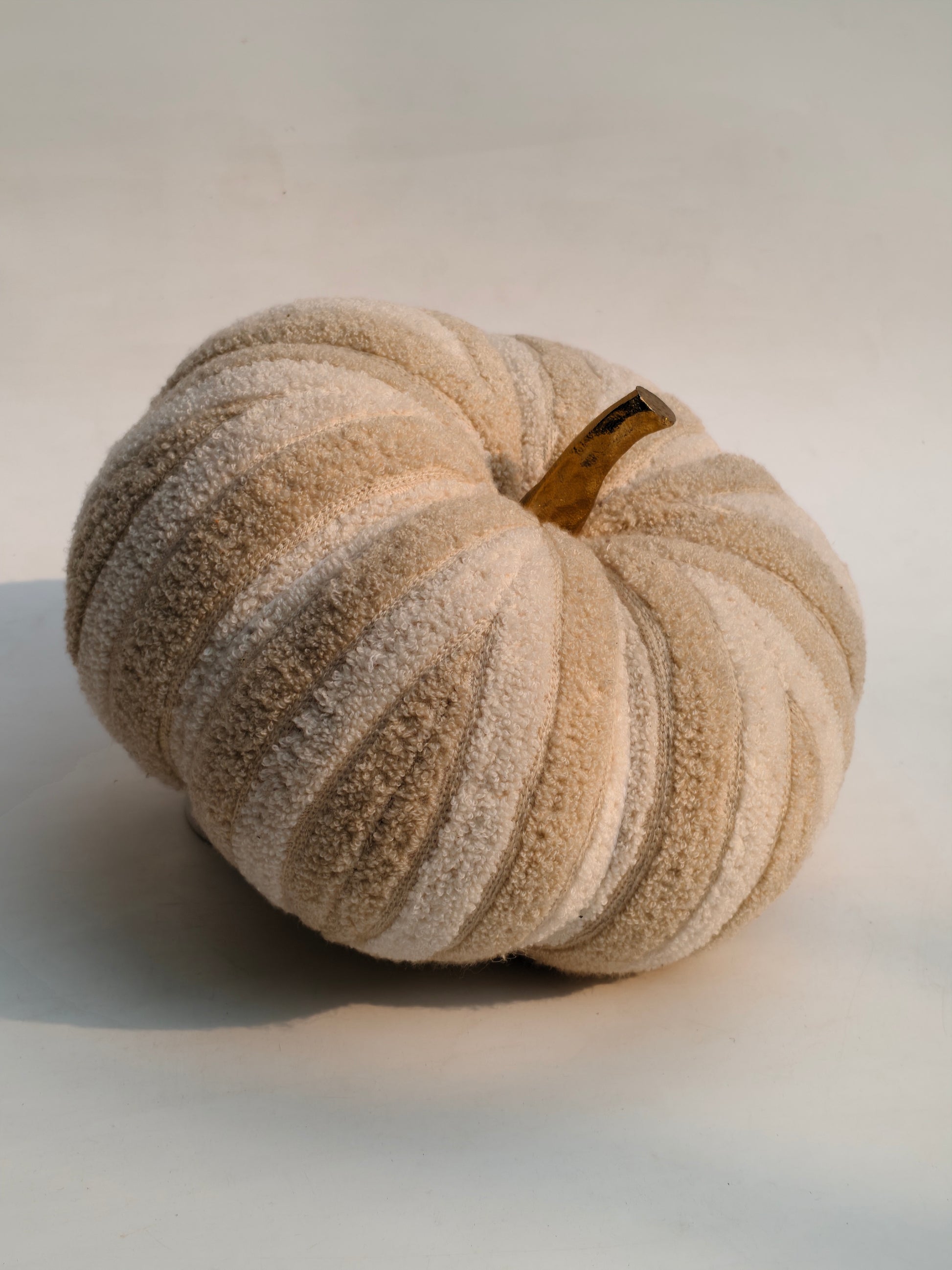 Plush Textured Fabric Pumpkin with Golden Stem – Cozy Neutral Home Décor