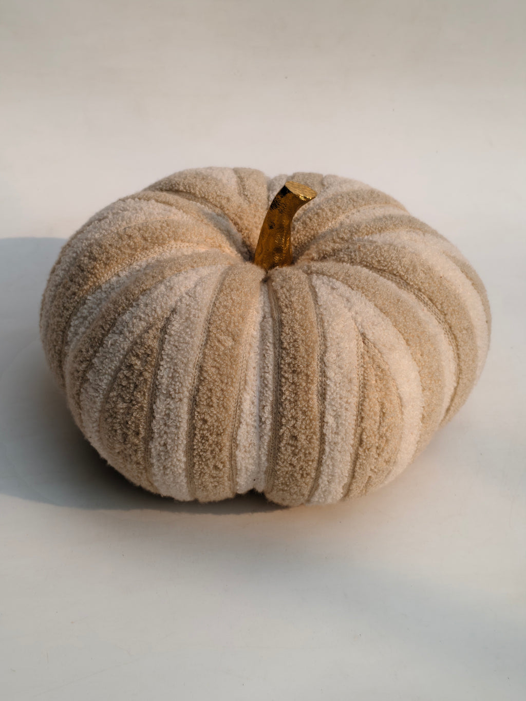 Plush Textured Fabric Pumpkin with Golden Stem – Cozy Neutral Home Décor